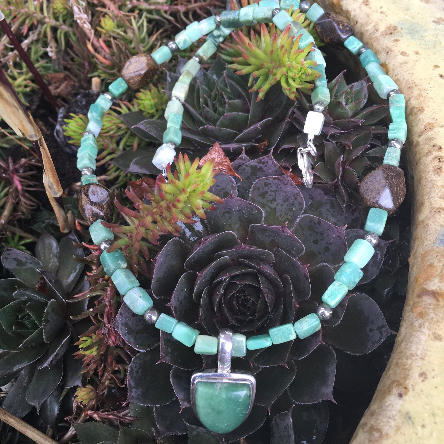 necklace "I Grow" Chrysoprase pendant and beads, Pyrite, Bronzite, Reiki charged, Gender Neutral jewelry, Spring jewelry, heart chakra piece