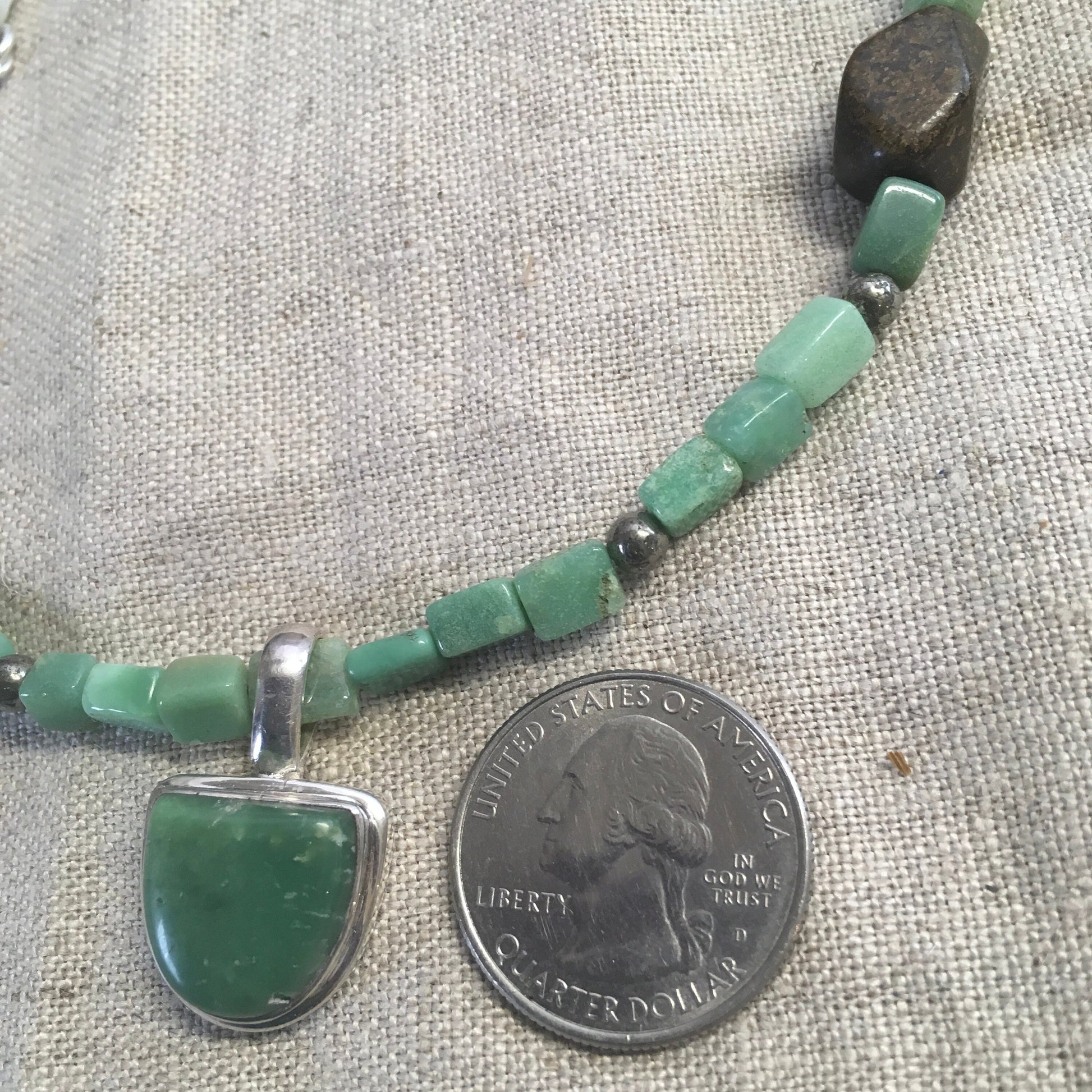 necklace "I Grow" Chrysoprase pendant and beads, Pyrite, Bronzite, Reiki charged, Gender Neutral jewelry, Spring jewelry, heart chakra piece