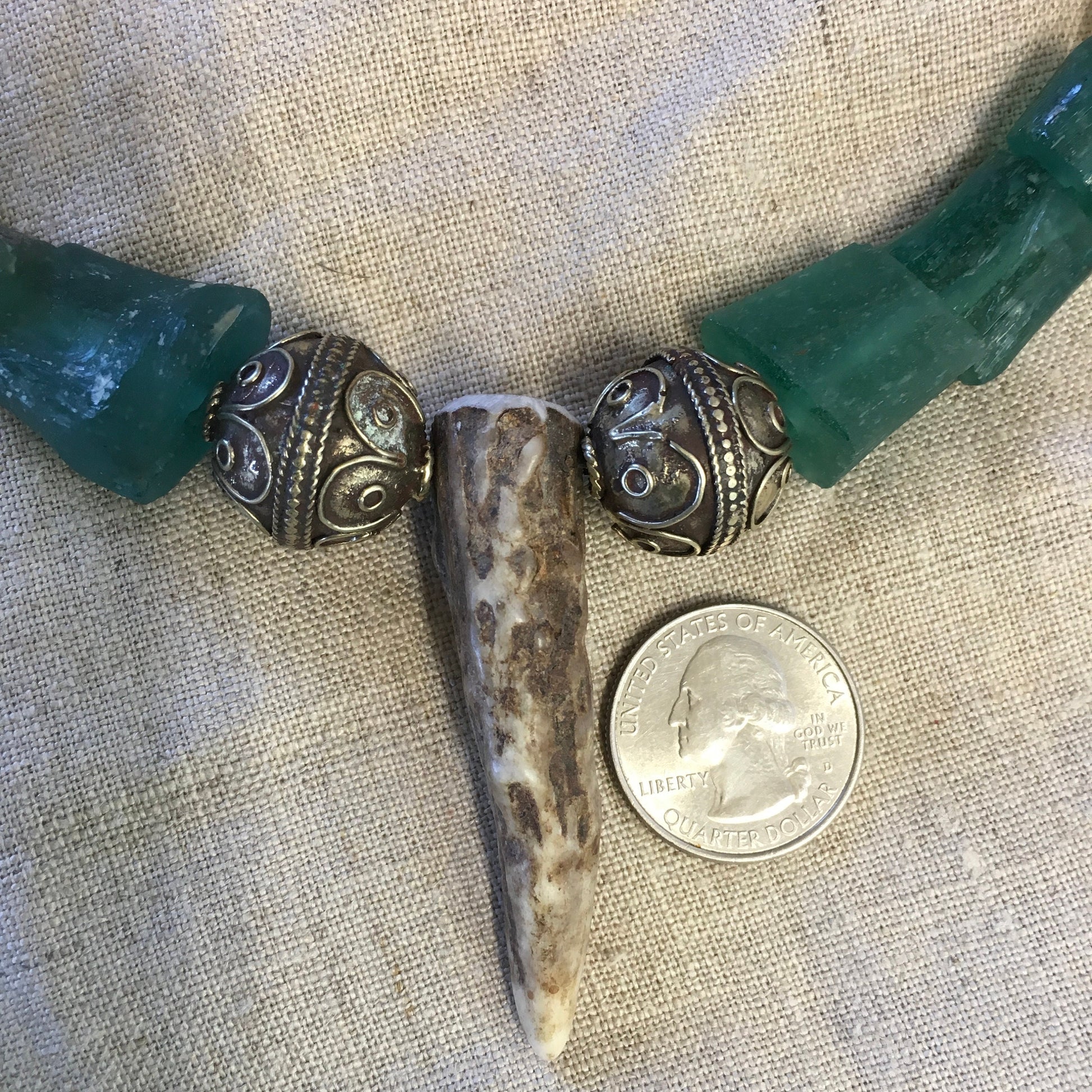 necklace "Forgotten Temple" Stag horn pendant, Roman Glass, Vintage Beads, Nonbinary necklace, Gift Idea, Reiki charged, God Goddess jewelry