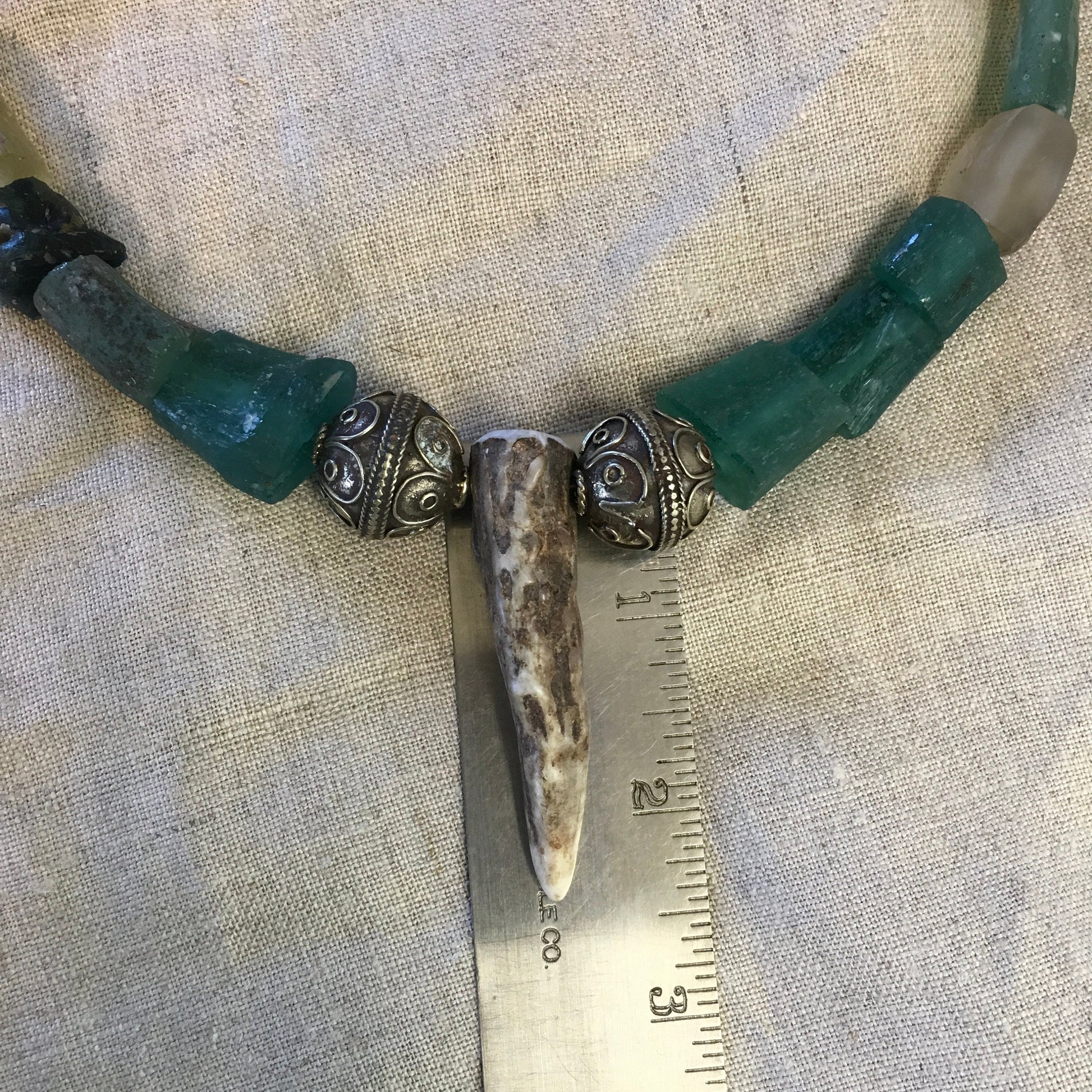 necklace "Forgotten Temple" Stag horn pendant, Roman Glass, Vintage Beads, Nonbinary necklace, Gift Idea, Reiki charged, God Goddess jewelry