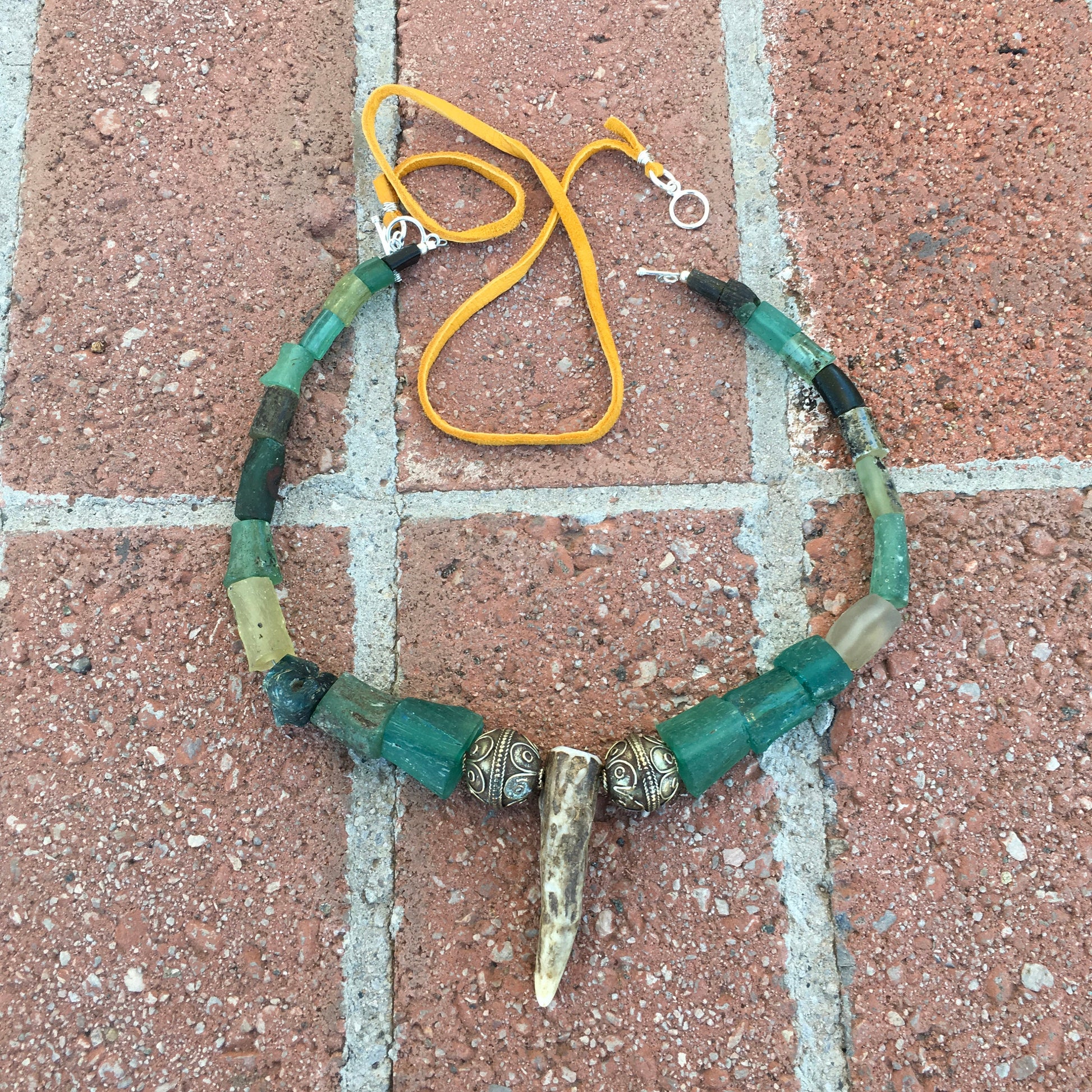 necklace "Forgotten Temple" Stag horn pendant, Roman Glass, Vintage Beads, Nonbinary necklace, Gift Idea, Reiki charged, God Goddess jewelry