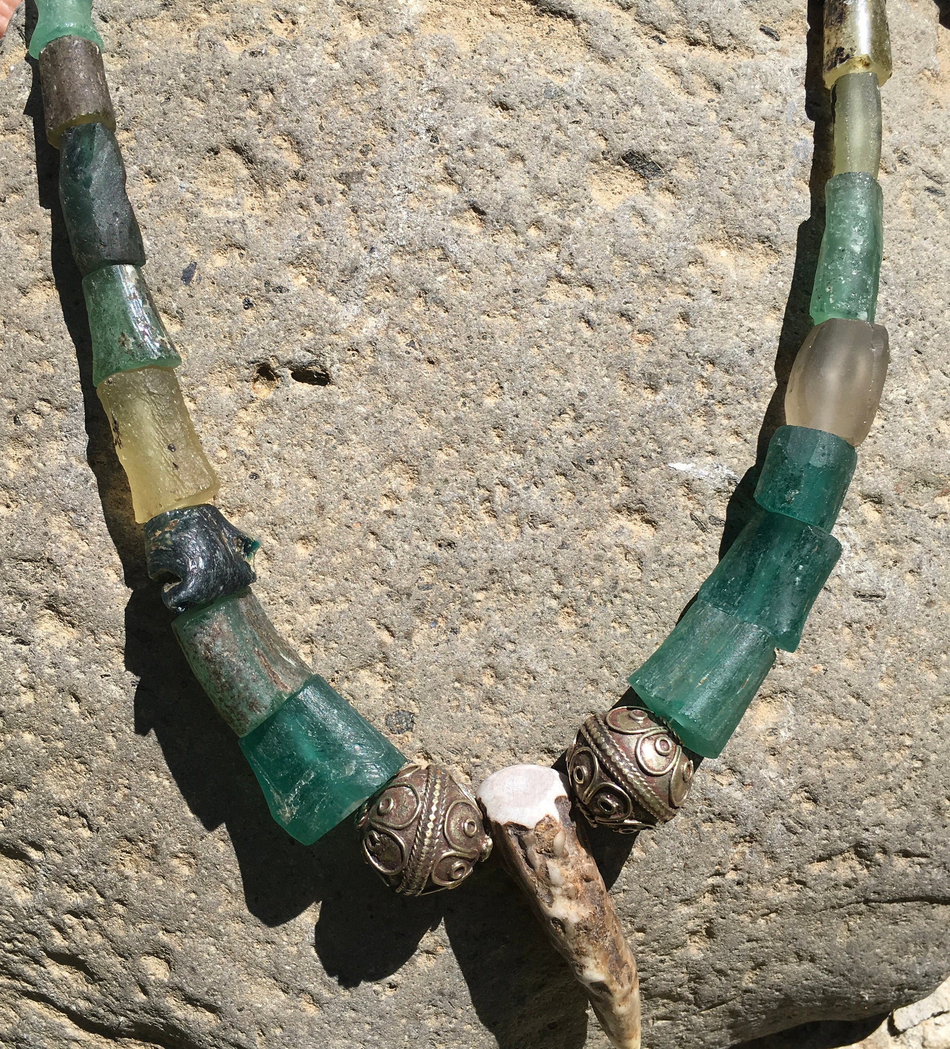 necklace "Forgotten Temple" Stag horn pendant, Roman Glass, Vintage Beads, Nonbinary necklace, Gift Idea, Reiki charged, God Goddess jewelry