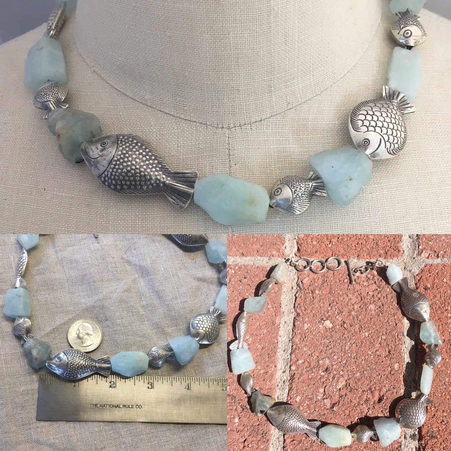 necklace "School's Out" Raw Aquamarine nuggets, Fine Silver Fish, Gift Idea, Mermaid jewelry, Ocean necklace, School of Fish, Merfolk jewels