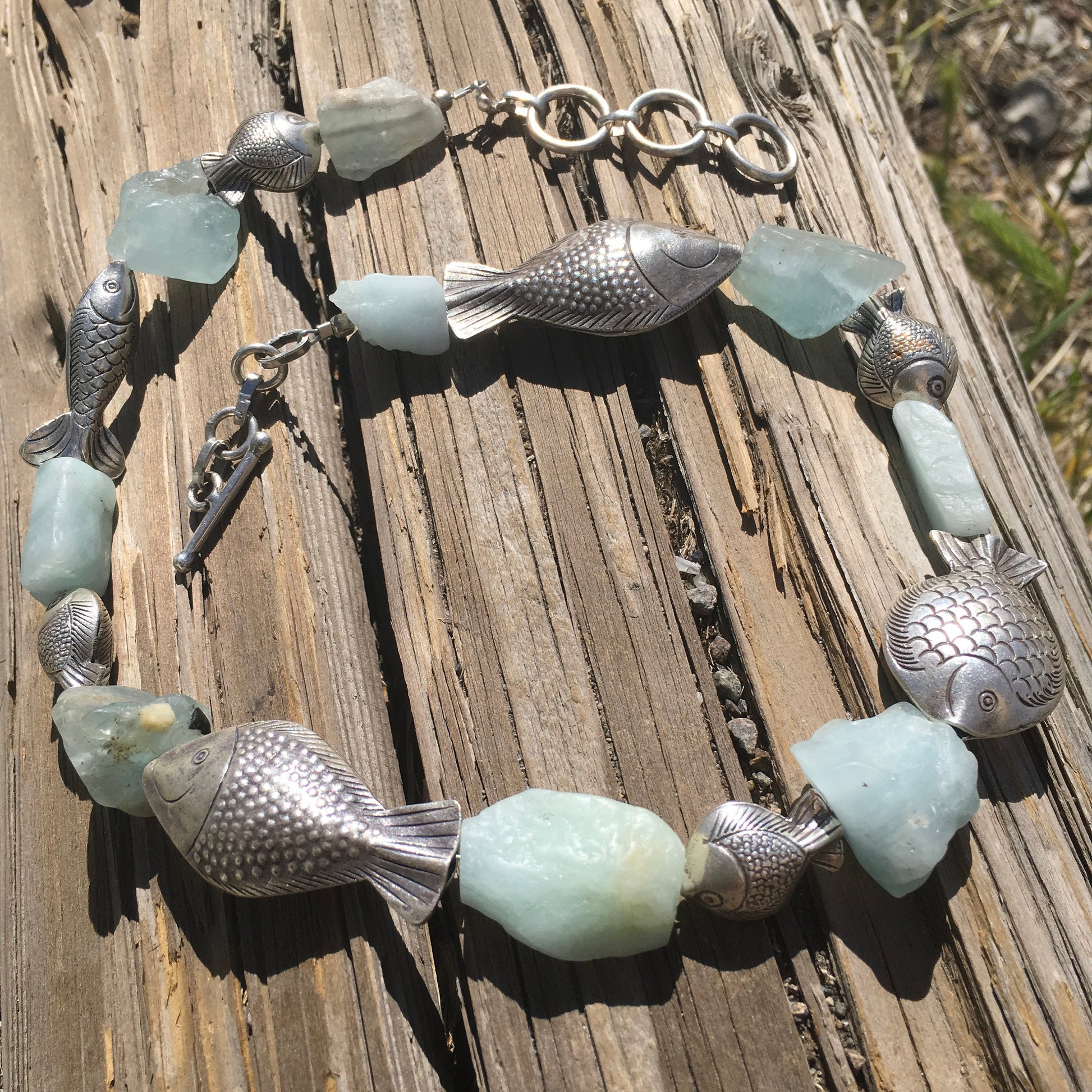 necklace "School's Out" Raw Aquamarine nuggets, Fine Silver Fish, Gift Idea, Mermaid jewelry, Ocean necklace, School of Fish, Merfolk jewels