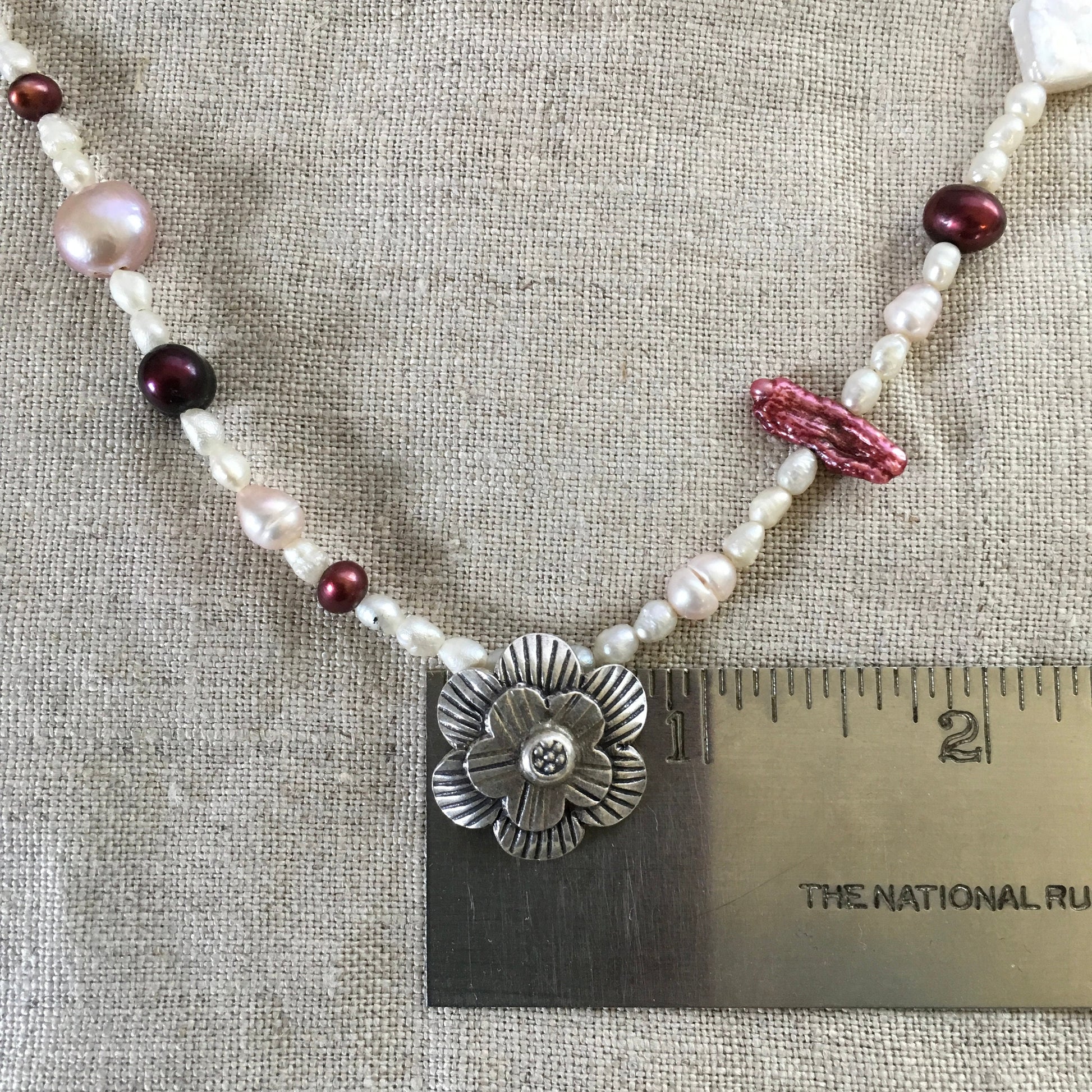 necklace "The Boutique" Fine Silver Flower pendant, Pearl necklace, Flower power, Wedding Jewelry, Bridal, Reiki charged, Gift Idea, May Day