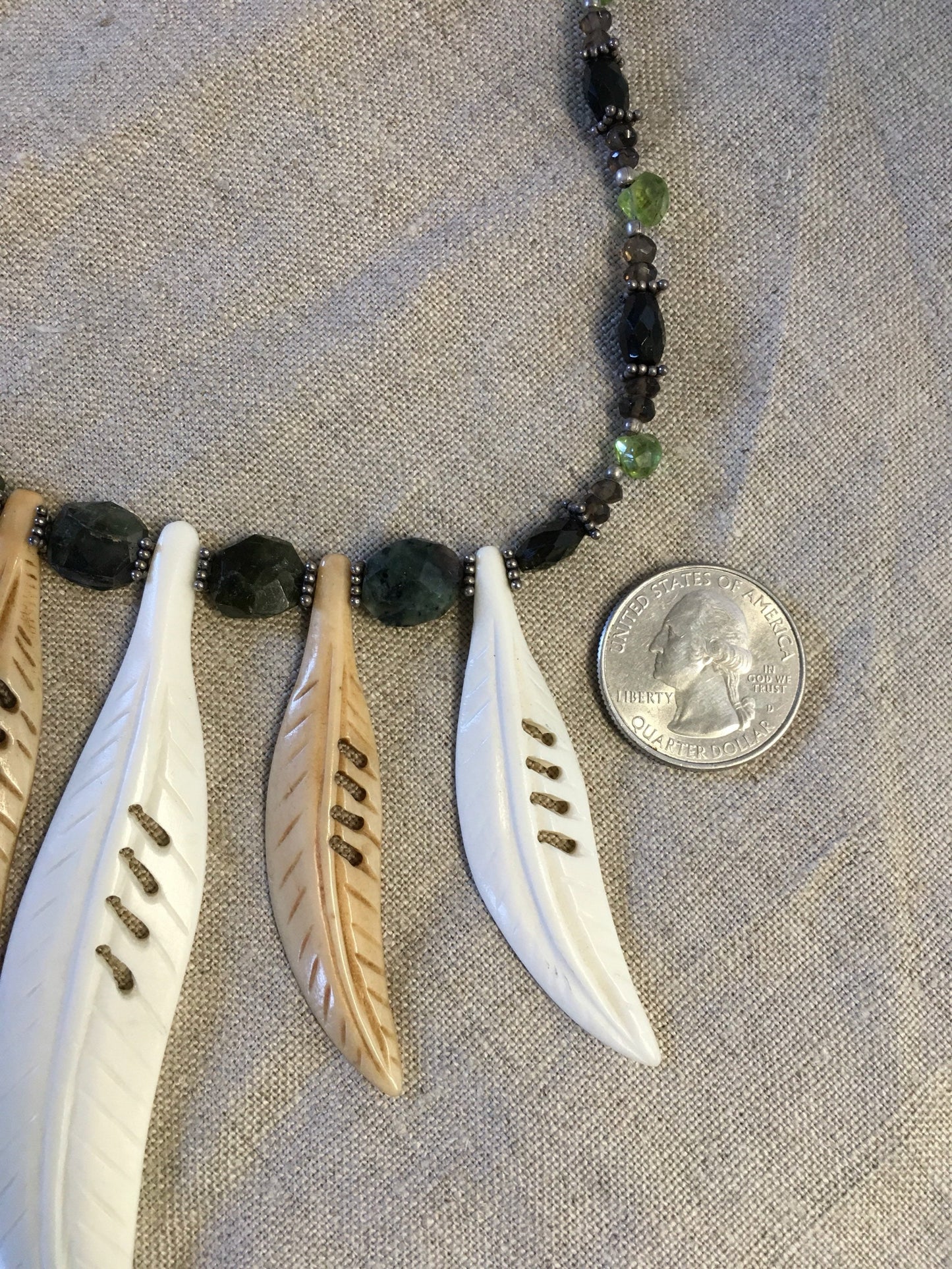 necklace "Wood Nymph Charm" carved bone Feathers or Leaves, Green Tourmaline, Peridot, Smokey Quartz, Statement Piece, Reiki charged