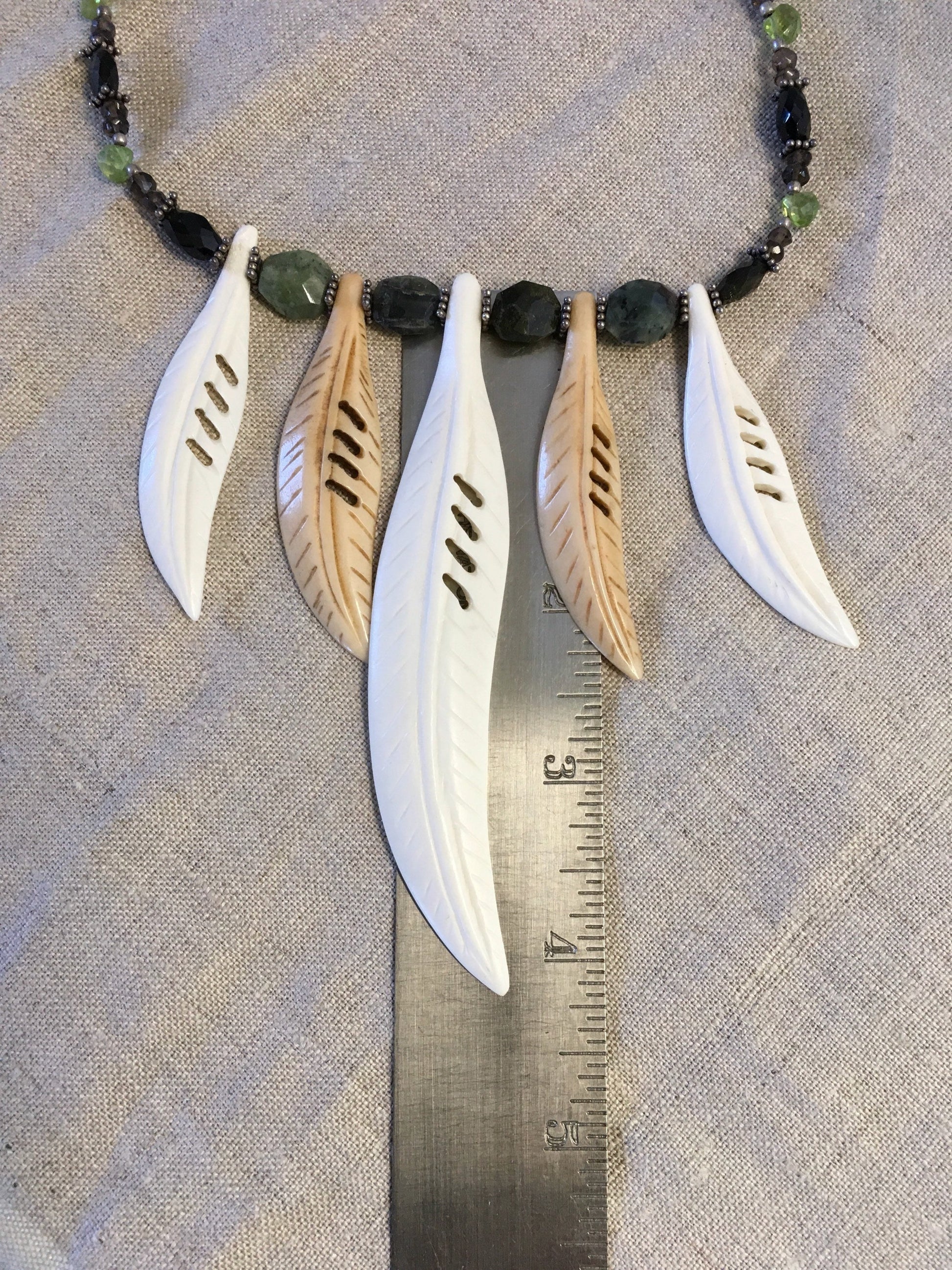 necklace "Wood Nymph Charm" carved bone Feathers or Leaves, Green Tourmaline, Peridot, Smokey Quartz, Statement Piece, Reiki charged