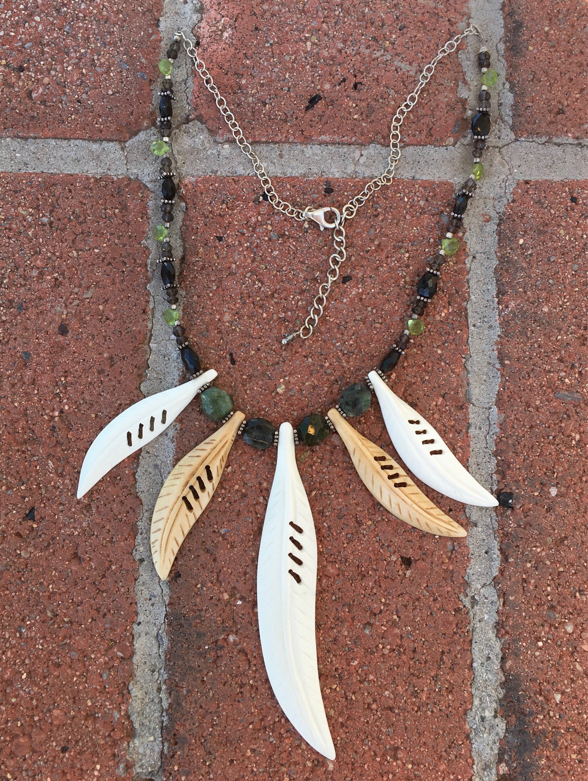 necklace "Wood Nymph Charm" carved bone Feathers or Leaves, Green Tourmaline, Peridot, Smokey Quartz, Statement Piece, Reiki charged