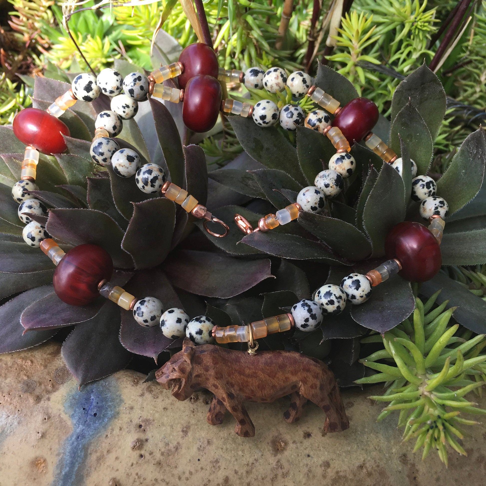 necklace "El Santo" Carved Wood Jaguar, Carnelian, Dalmatian Jasper, African beads, Statement Piece, Gender Neutral, Gift idea, Reiki vibes