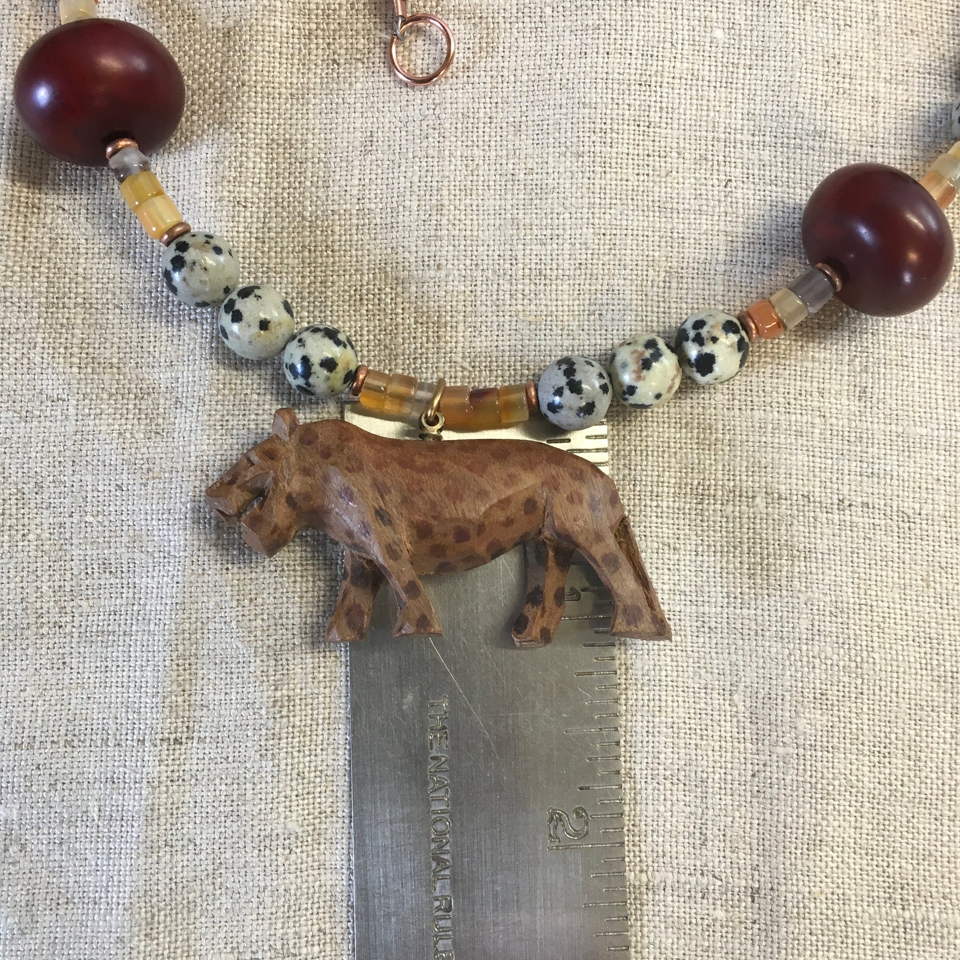 necklace "El Santo" Carved Wood Jaguar, Carnelian, Dalmatian Jasper, African beads, Statement Piece, Gender Neutral, Gift idea, Reiki vibes