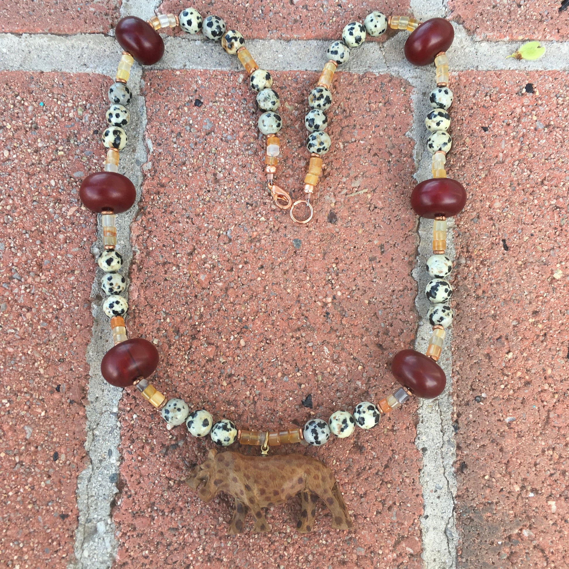 necklace "El Santo" Carved Wood Jaguar, Carnelian, Dalmatian Jasper, African beads, Statement Piece, Gender Neutral, Gift idea, Reiki vibes