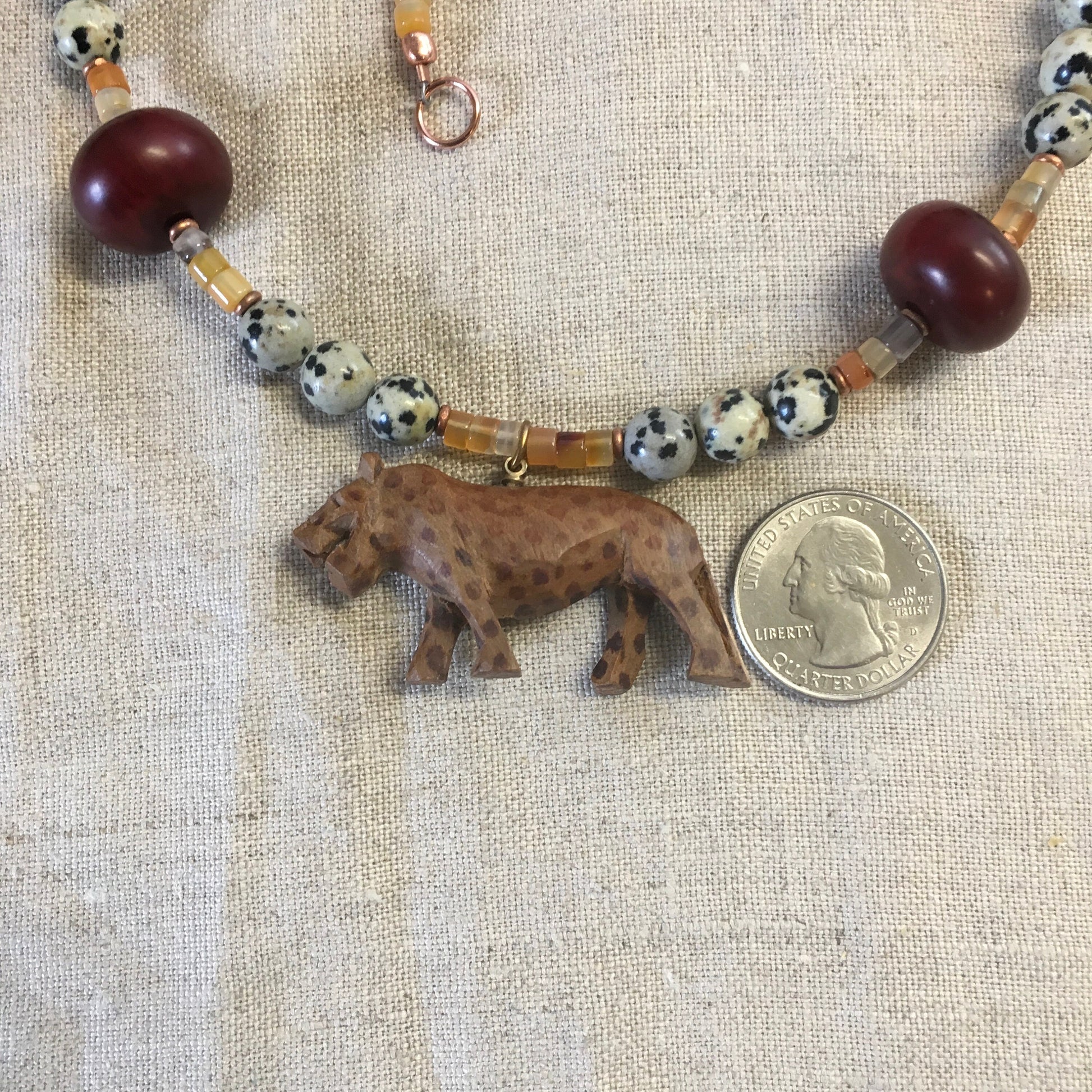 necklace "El Santo" Carved Wood Jaguar, Carnelian, Dalmatian Jasper, African beads, Statement Piece, Gender Neutral, Gift idea, Reiki vibes