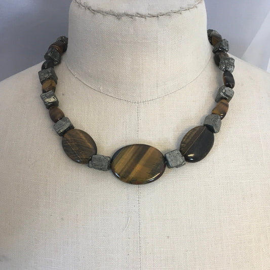 necklace "Abundance" Tiger Eye Focal Beads, Raw Pyrite, Tiger Eye, Statement Piece, For Everyone, Reiki charged, Gift idea, Summer jewely