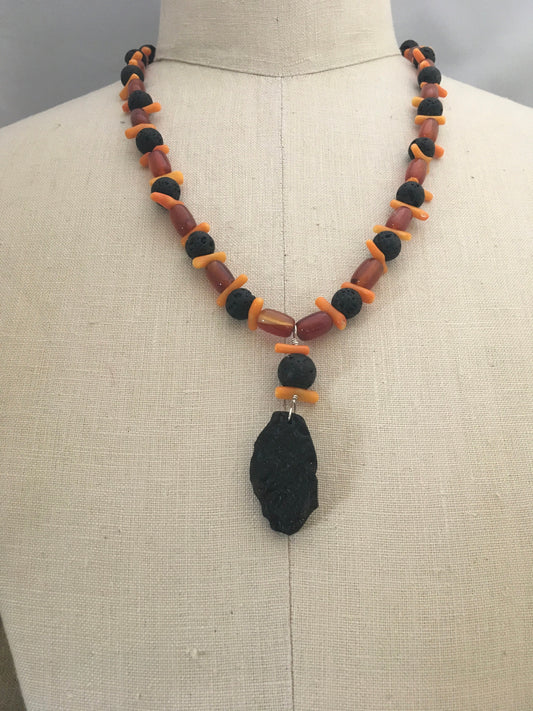 necklace "Eruption" Tektite Lava Stone & Coral pendant, Carnelian, Volcano, Alien rock, Tektite jewelry, Gift idea, Gender Neutral necklace