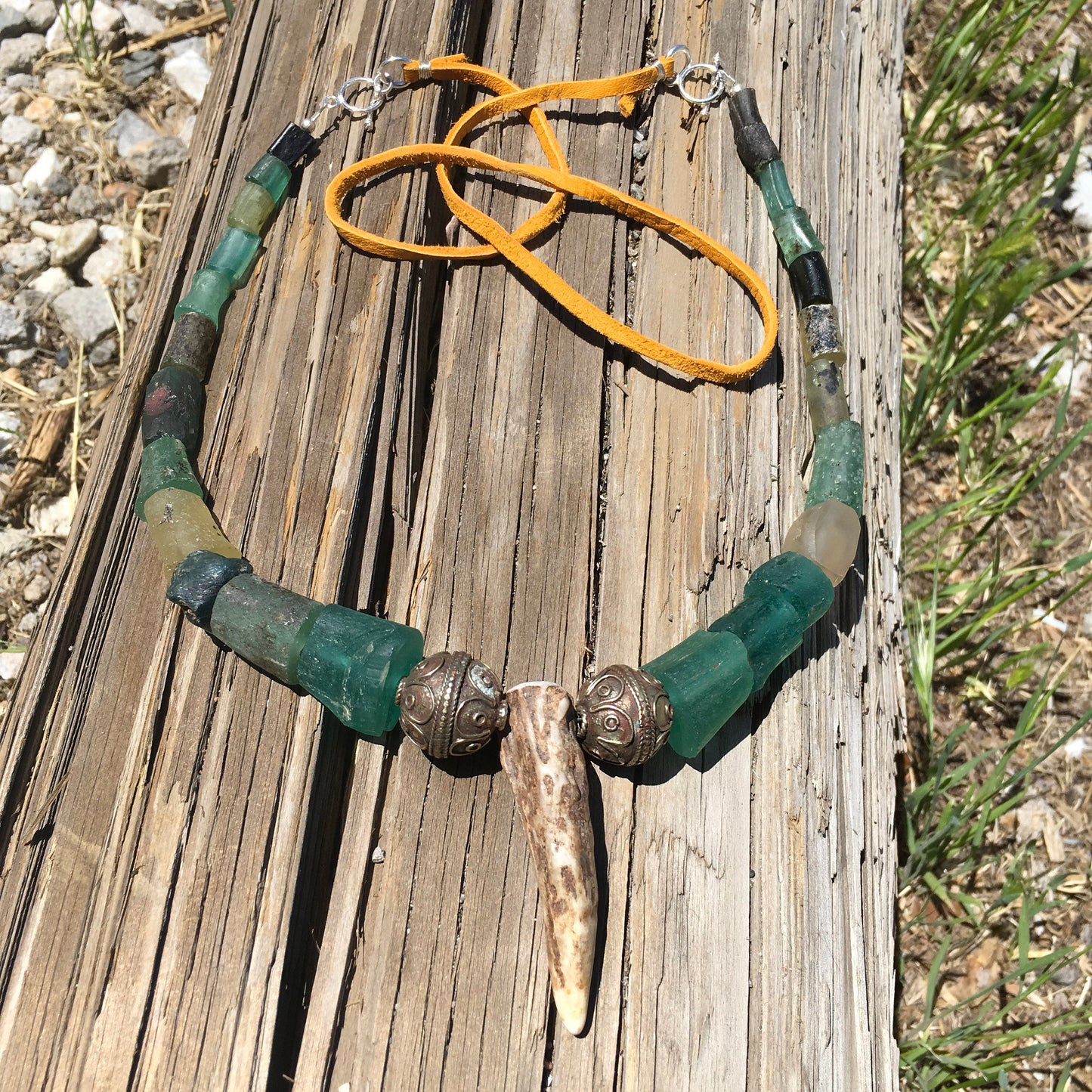 necklace "Forgotten Temple" Stag horn pendant, Roman Glass, Vintage Beads, Nonbinary necklace, Gift Idea, Reiki charged, God Goddess jewelry