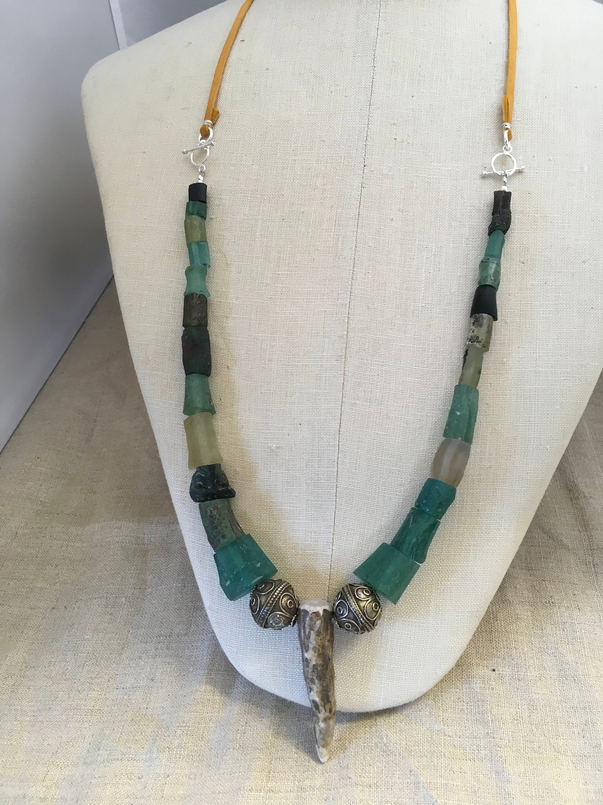 necklace "Forgotten Temple" Stag horn pendant, Roman Glass, Vintage Beads, Nonbinary necklace, Gift Idea, Reiki charged, God Goddess jewelry