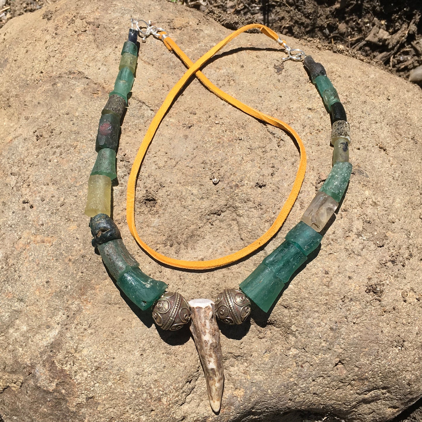 necklace "Forgotten Temple" Stag horn pendant, Roman Glass, Vintage Beads, Nonbinary necklace, Gift Idea, Reiki charged, God Goddess jewelry