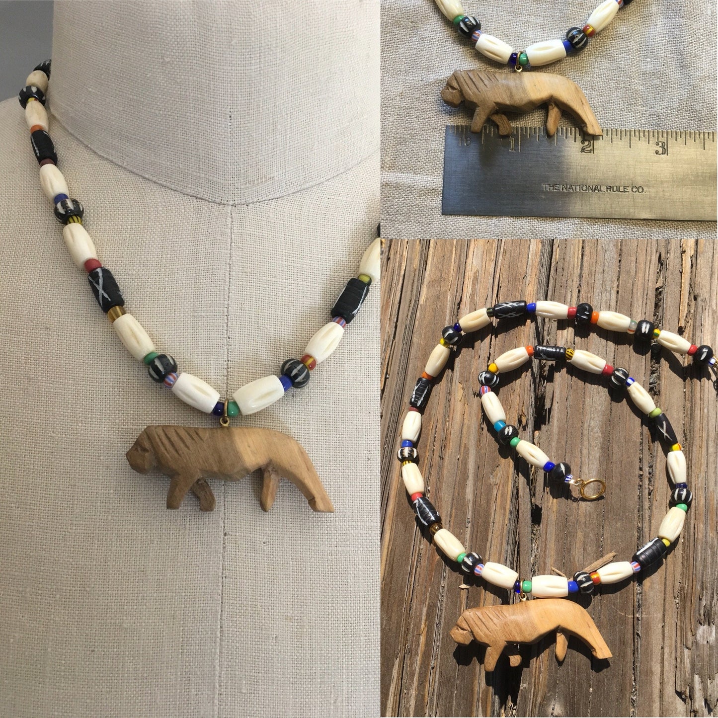 necklace "Leo" Carved Wood Lion, Carved Bone beads, African Christmas seed beads, Animal totem necklace, spirit animal, Reiki charged