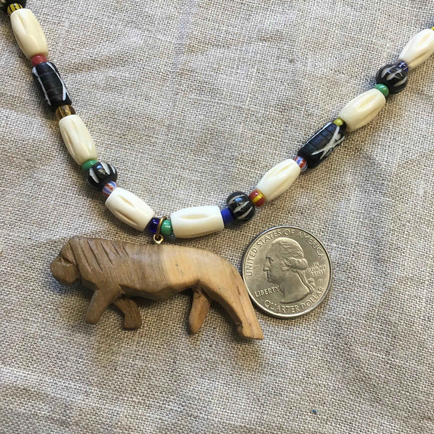 necklace "Leo" Carved Wood Lion, Carved Bone beads, African Christmas seed beads, Animal totem necklace, spirit animal, Reiki charged