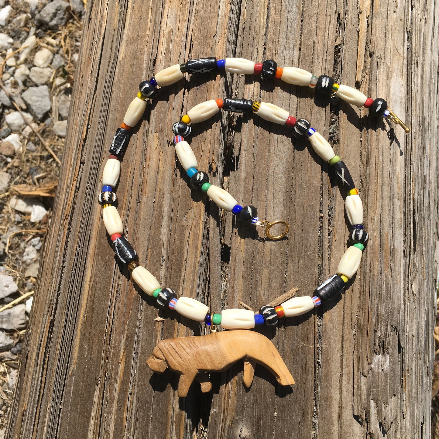 necklace "Leo" Carved Wood Lion, Carved Bone beads, African Christmas seed beads, Animal totem necklace, spirit animal, Reiki charged