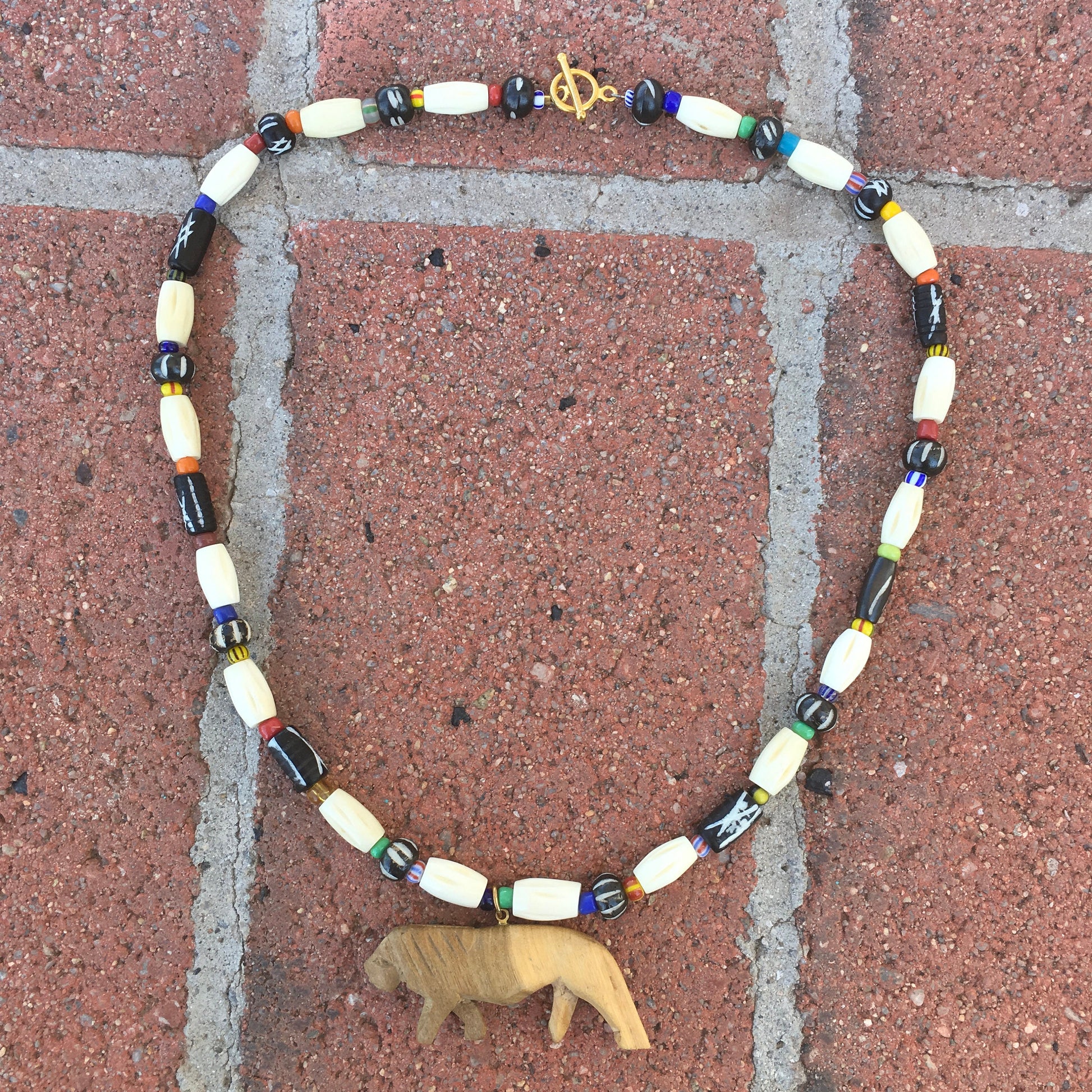 necklace "Leo" Carved Wood Lion, Carved Bone beads, African Christmas seed beads, Animal totem necklace, spirit animal, Reiki charged