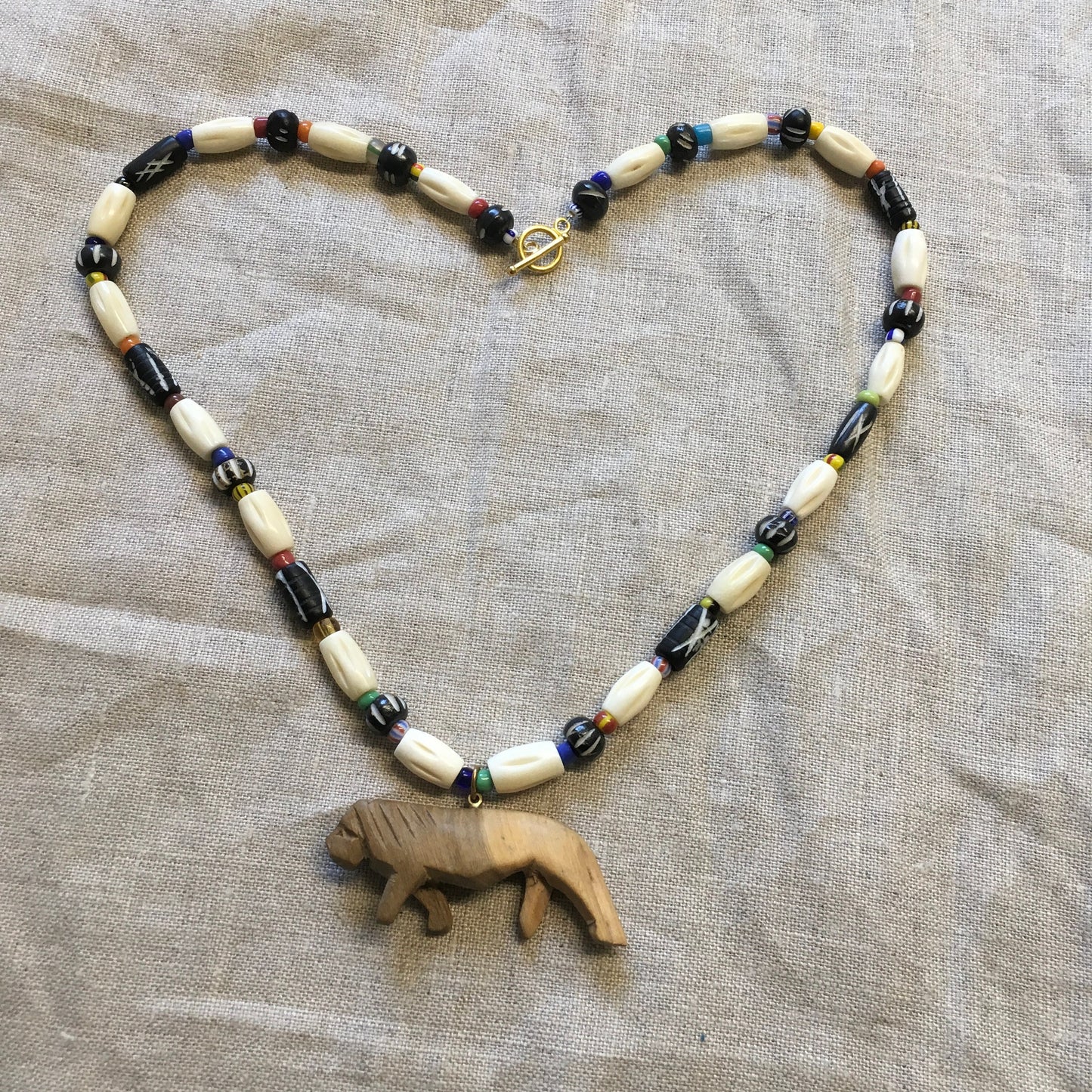 necklace "Leo" Carved Wood Lion, Carved Bone beads, African Christmas seed beads, Animal totem necklace, spirit animal, Reiki charged