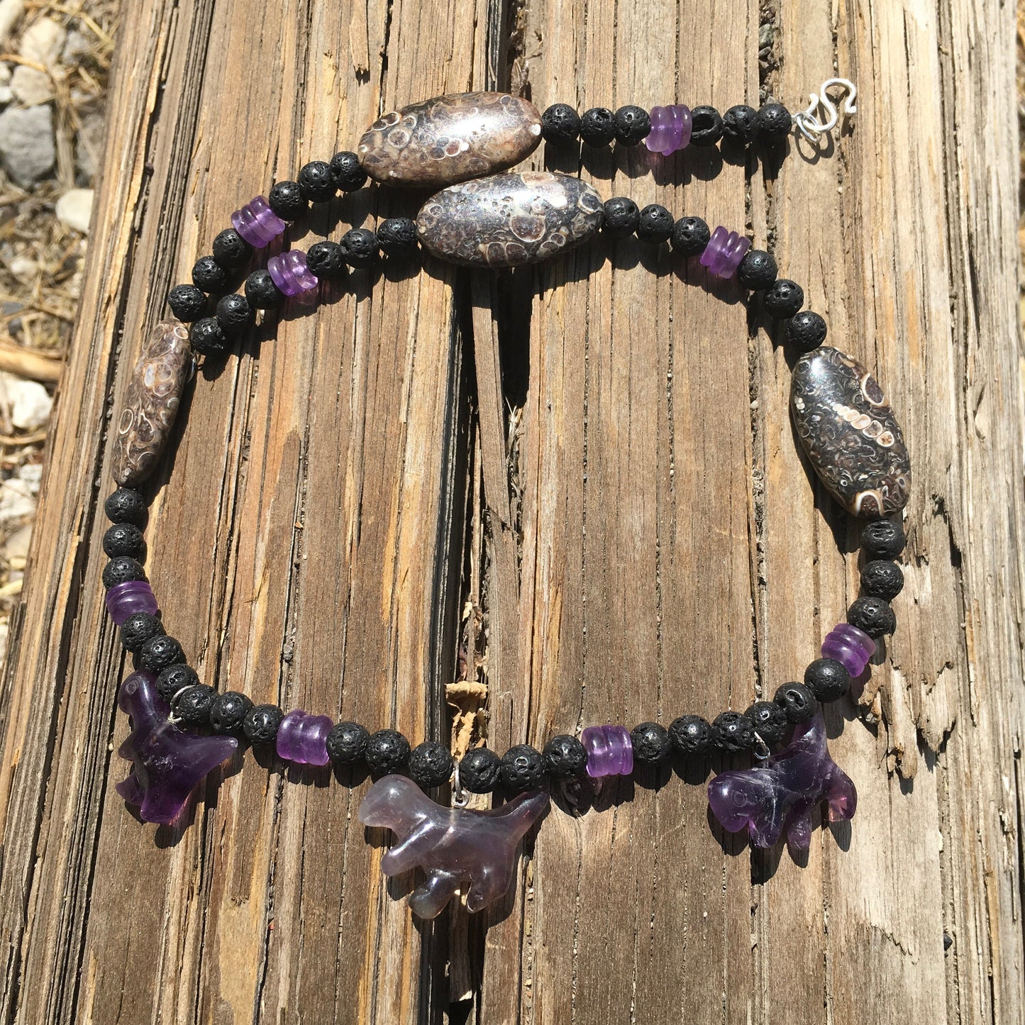 necklace "Cretaceous World" carved Amethyst Dinosaurs, Turritella agate, Lava Stone, Fossils, T Rex, Reiki vibes, Gift idea, Gender Neutral