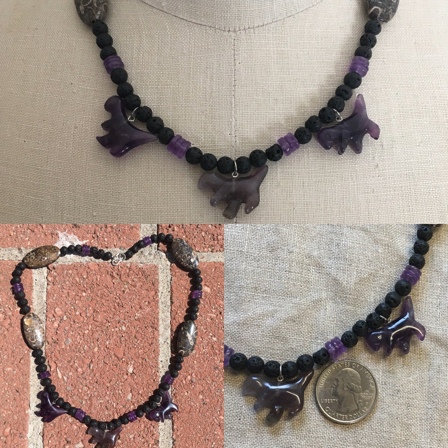 necklace "Cretaceous World" carved Amethyst Dinosaurs, Turritella agate, Lava Stone, Fossils, T Rex, Reiki vibes, Gift idea, Gender Neutral