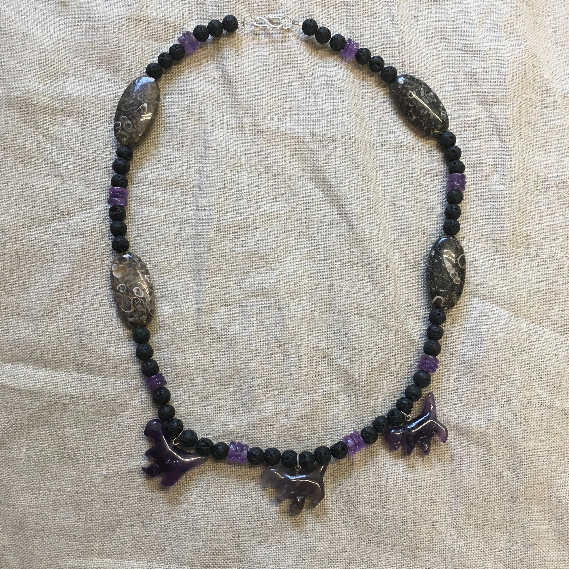 necklace "Cretaceous World" carved Amethyst Dinosaurs, Turritella agate, Lava Stone, Fossils, T Rex, Reiki vibes, Gift idea, Gender Neutral