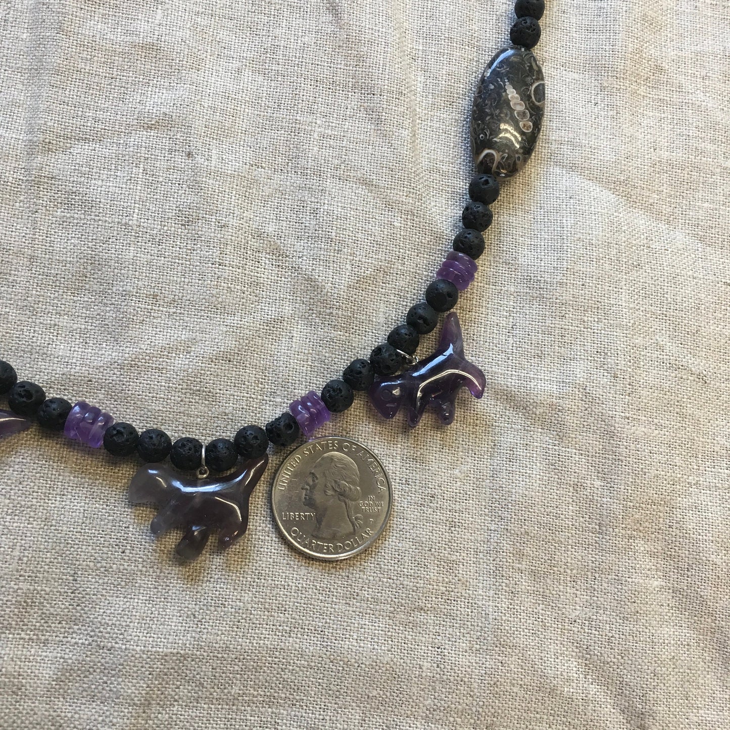 necklace "Cretaceous World" carved Amethyst Dinosaurs, Turritella agate, Lava Stone, Fossils, T Rex, Reiki vibes, Gift idea, Gender Neutral