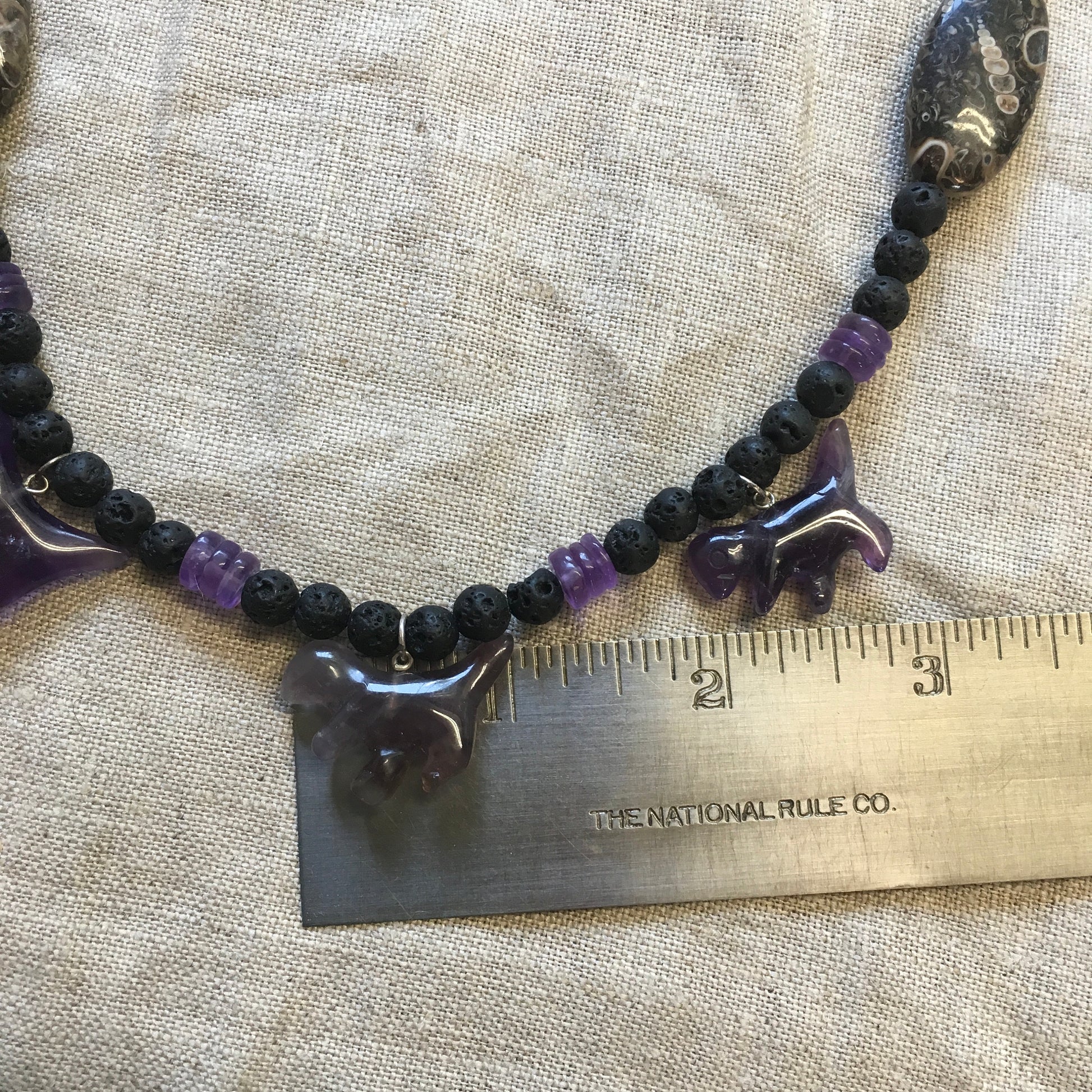 necklace "Cretaceous World" carved Amethyst Dinosaurs, Turritella agate, Lava Stone, Fossils, T Rex, Reiki vibes, Gift idea, Gender Neutral