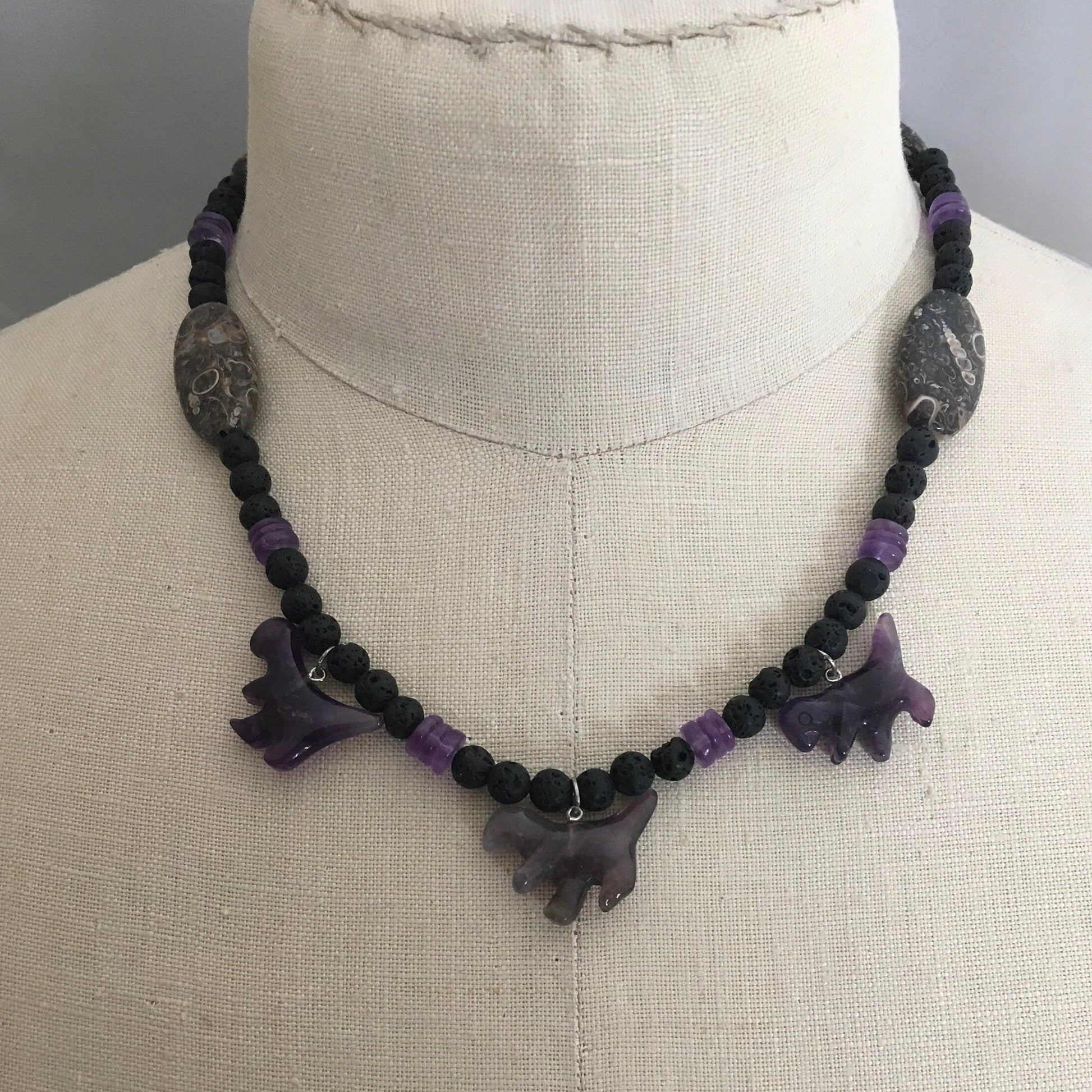 necklace "Cretaceous World" carved Amethyst Dinosaurs, Turritella agate, Lava Stone, Fossils, T Rex, Reiki vibes, Gift idea, Gender Neutral