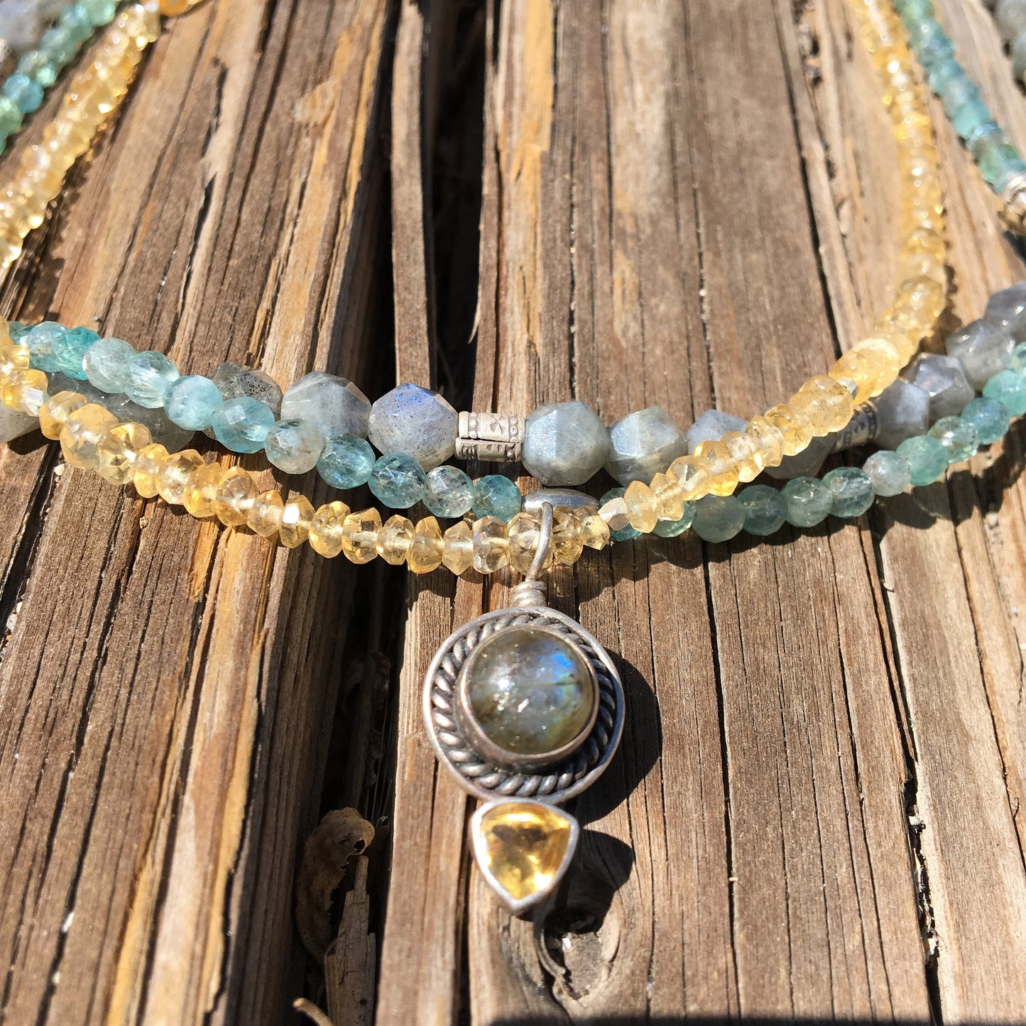 Multi-Strand necklace "Harvest Sky" Labradorite pendant, Citrine, Apatite, Hill Tribe Silver beads, Fall Line, Reiki charged, Boho Style