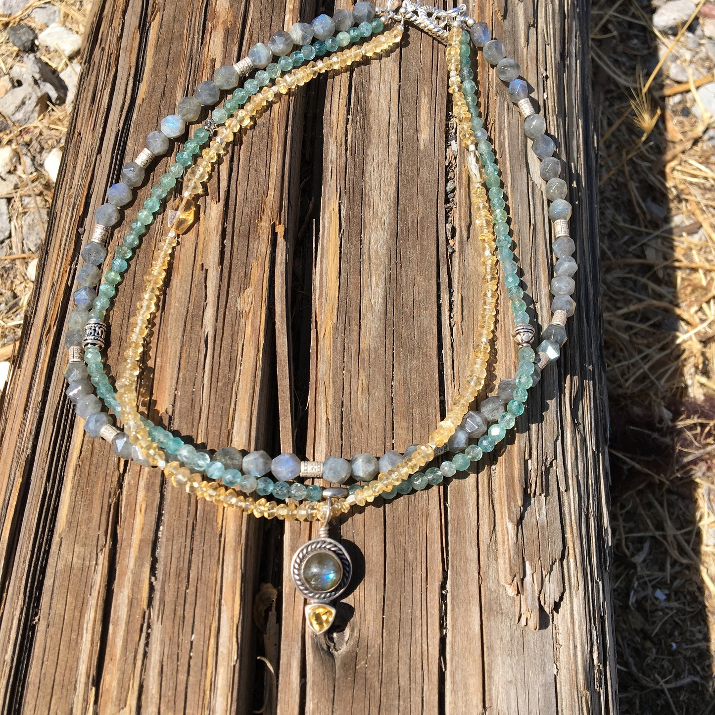 Multi-Strand necklace "Harvest Sky" Labradorite pendant, Citrine, Apatite, Hill Tribe Silver beads, Fall Line, Reiki charged, Boho Style