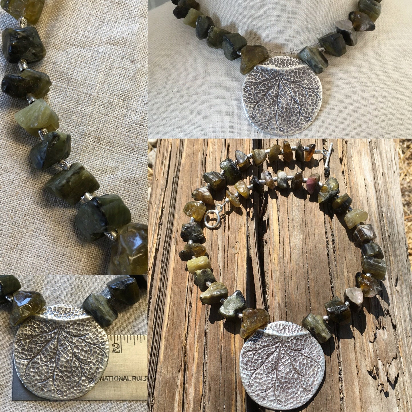 necklace "Lily Pad" rough Green Tourmaline, Hill Tribe Silver pendant, Hill Tribe Silver beads, Gender Neutral, Reiki charged, Heart Chakra