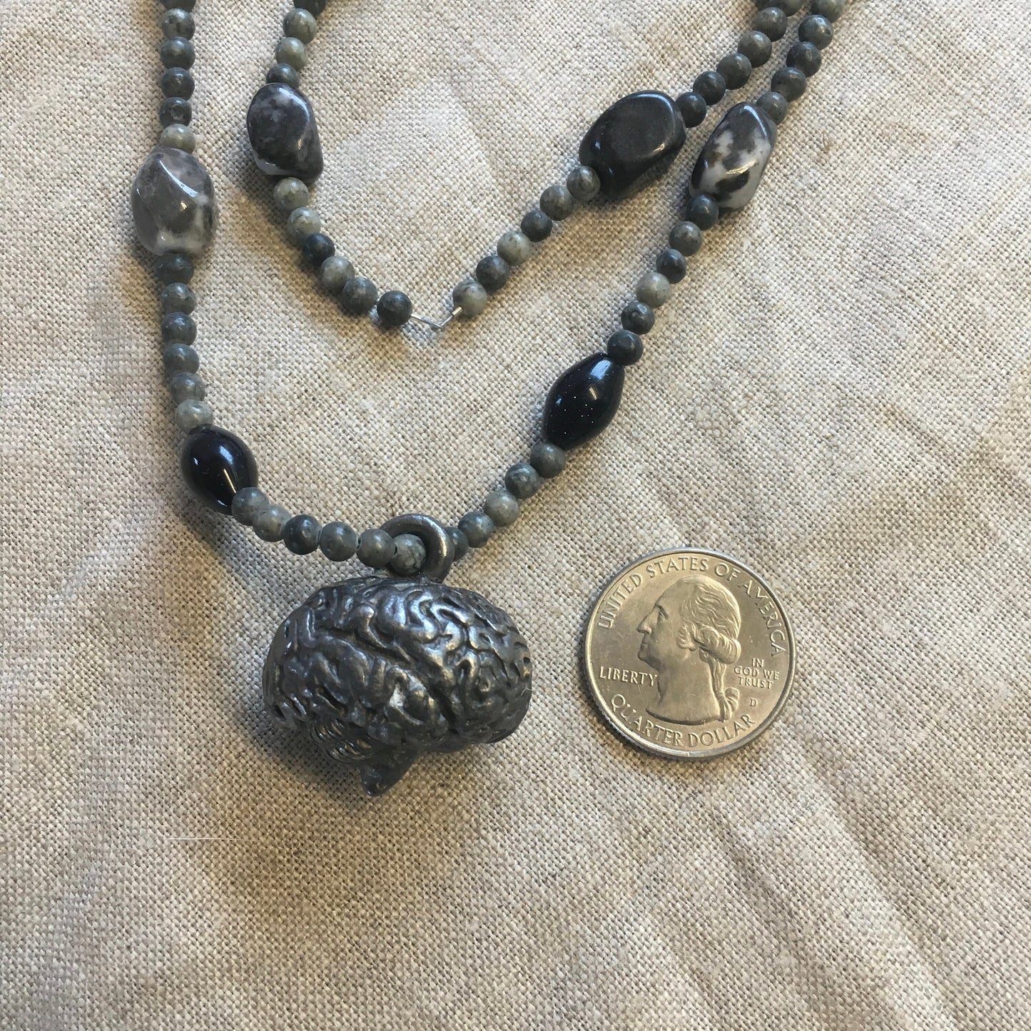 necklace "Grey Matter" Epilepsy Awareness, Pewter Brain pendant, Amazonite, Blue Goldstone, Fundraiser, Reiki charged, Brain Power Healing