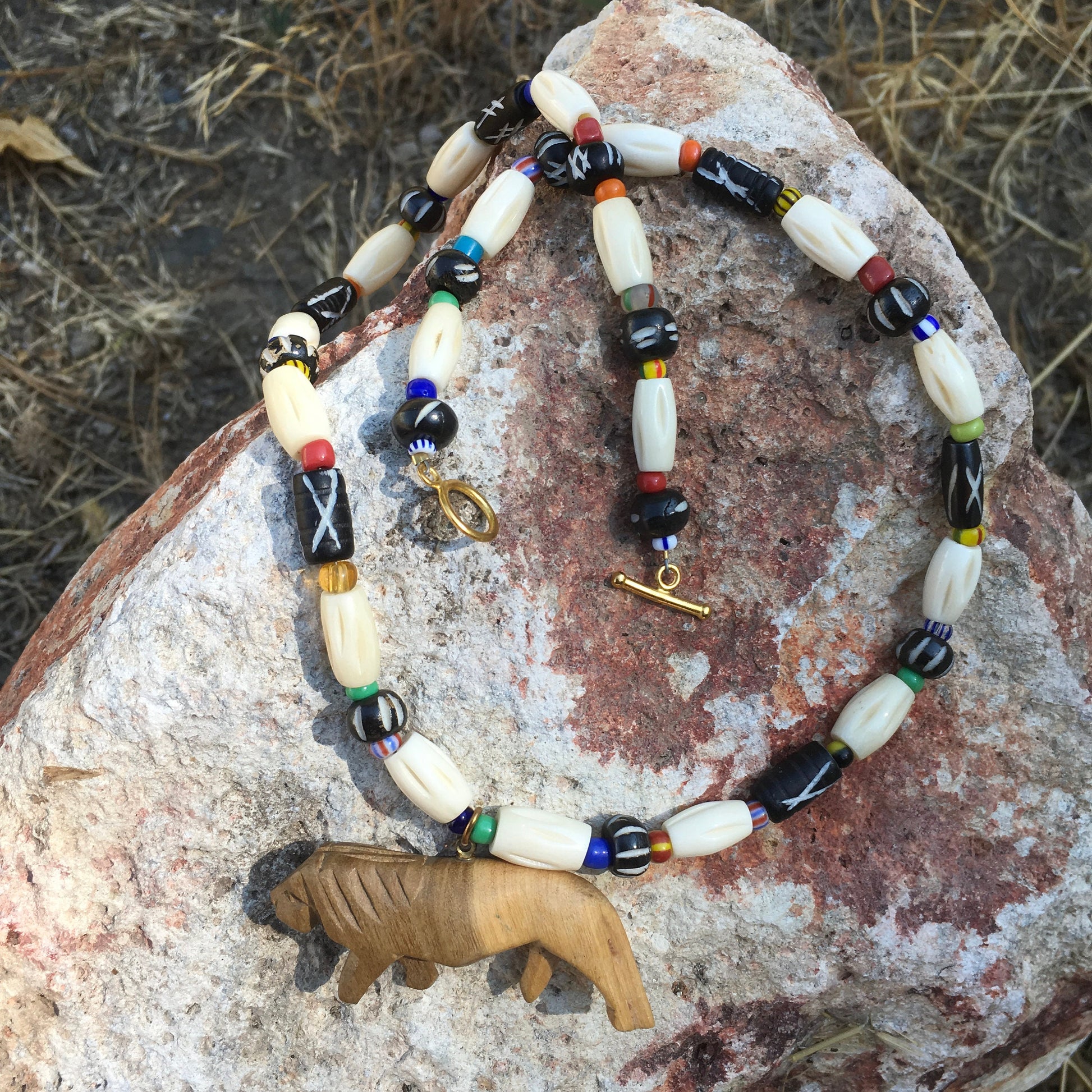 necklace "Leo" Carved Wood Lion, Carved Bone beads, African Christmas seed beads, Animal totem necklace, spirit animal, Reiki charged