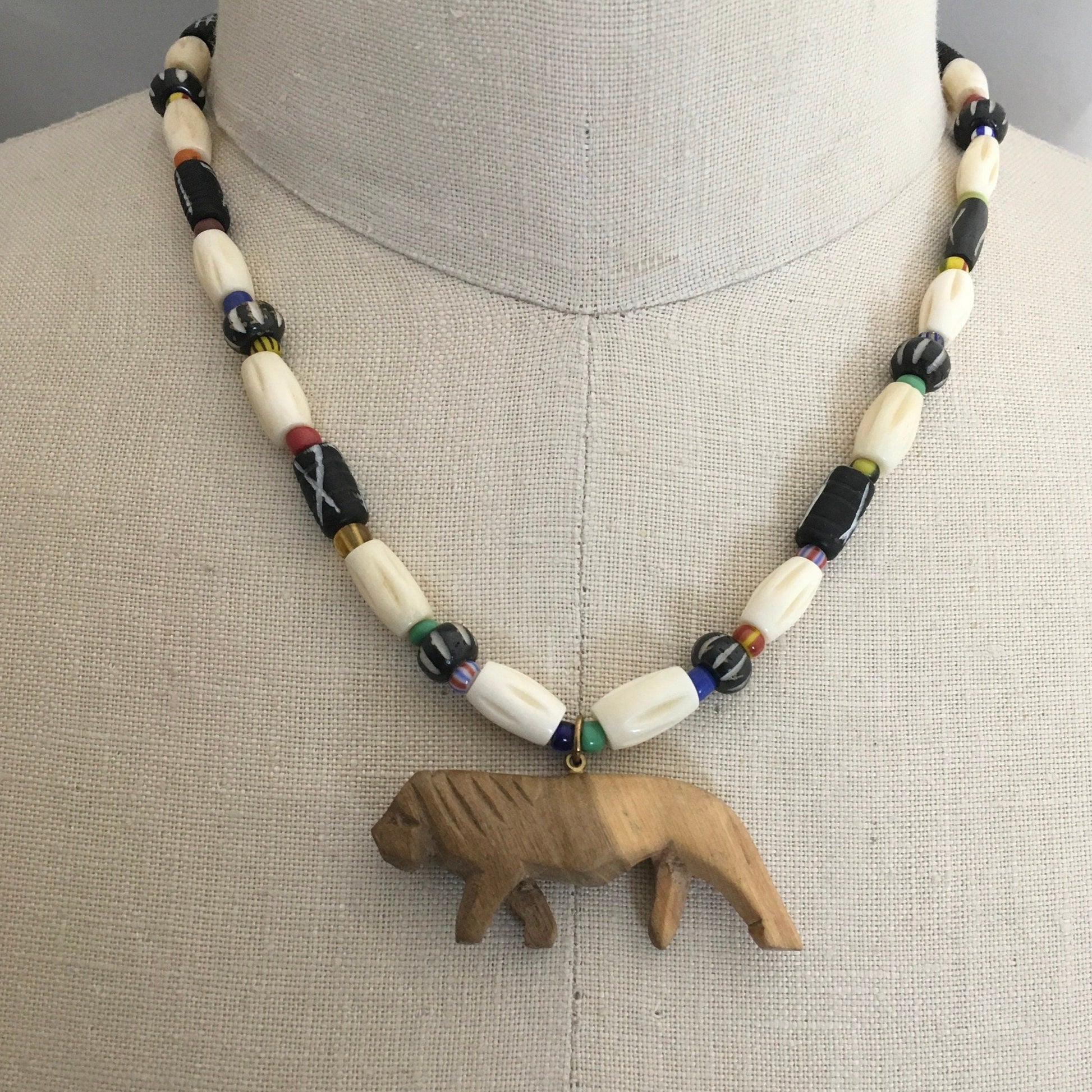 necklace "Leo" Carved Wood Lion, Carved Bone beads, African Christmas seed beads, Animal totem necklace, spirit animal, Reiki charged