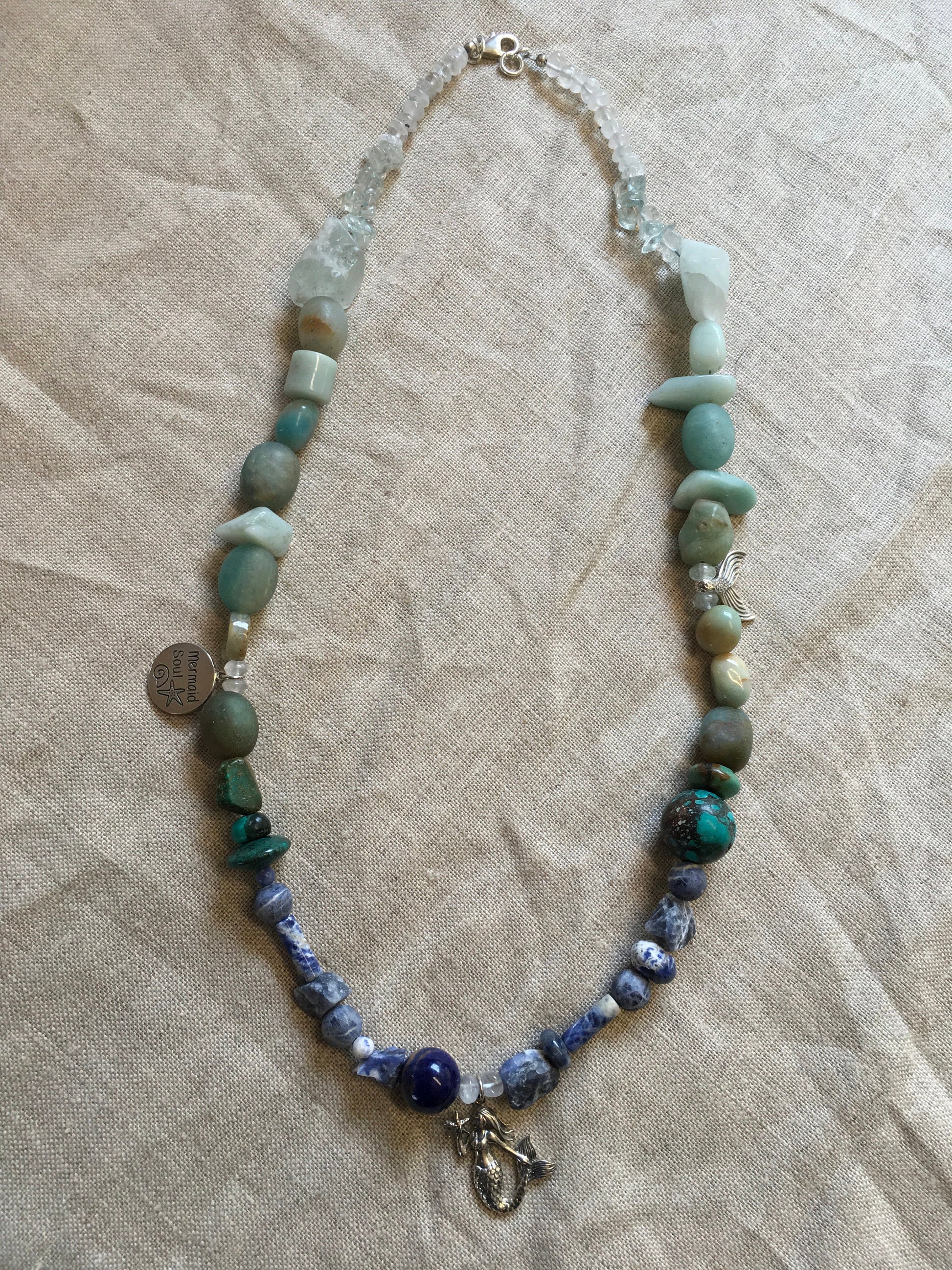 necklace "Mermaid Soul" Sterling Mermaid pendant, SS charms "Mermaid Soul" & Mermaid tail, Sodalite, Turquoise, Aquamarine, Amazonite, Ocean