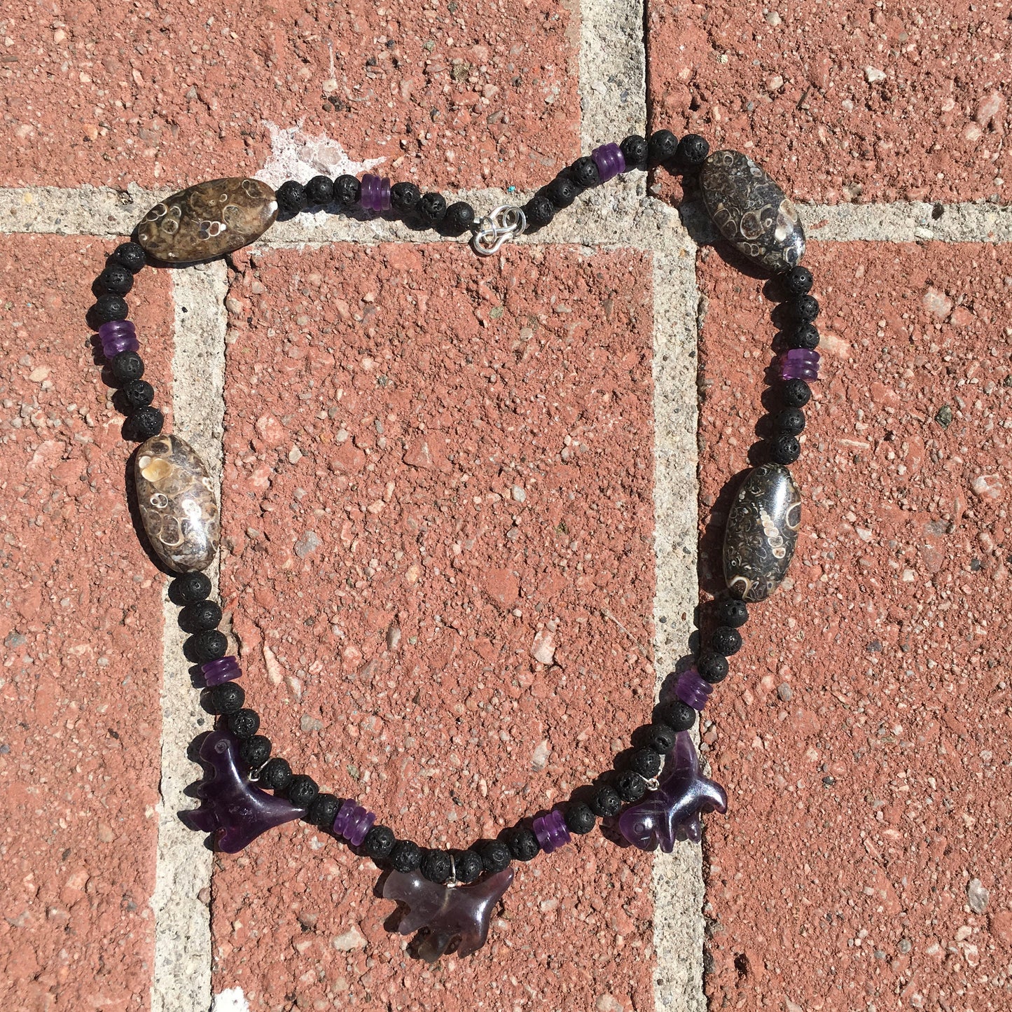 necklace "Cretaceous World" carved Amethyst Dinosaurs, Turritella agate, Lava Stone, Fossils, T Rex, Reiki vibes, Gift idea, Gender Neutral