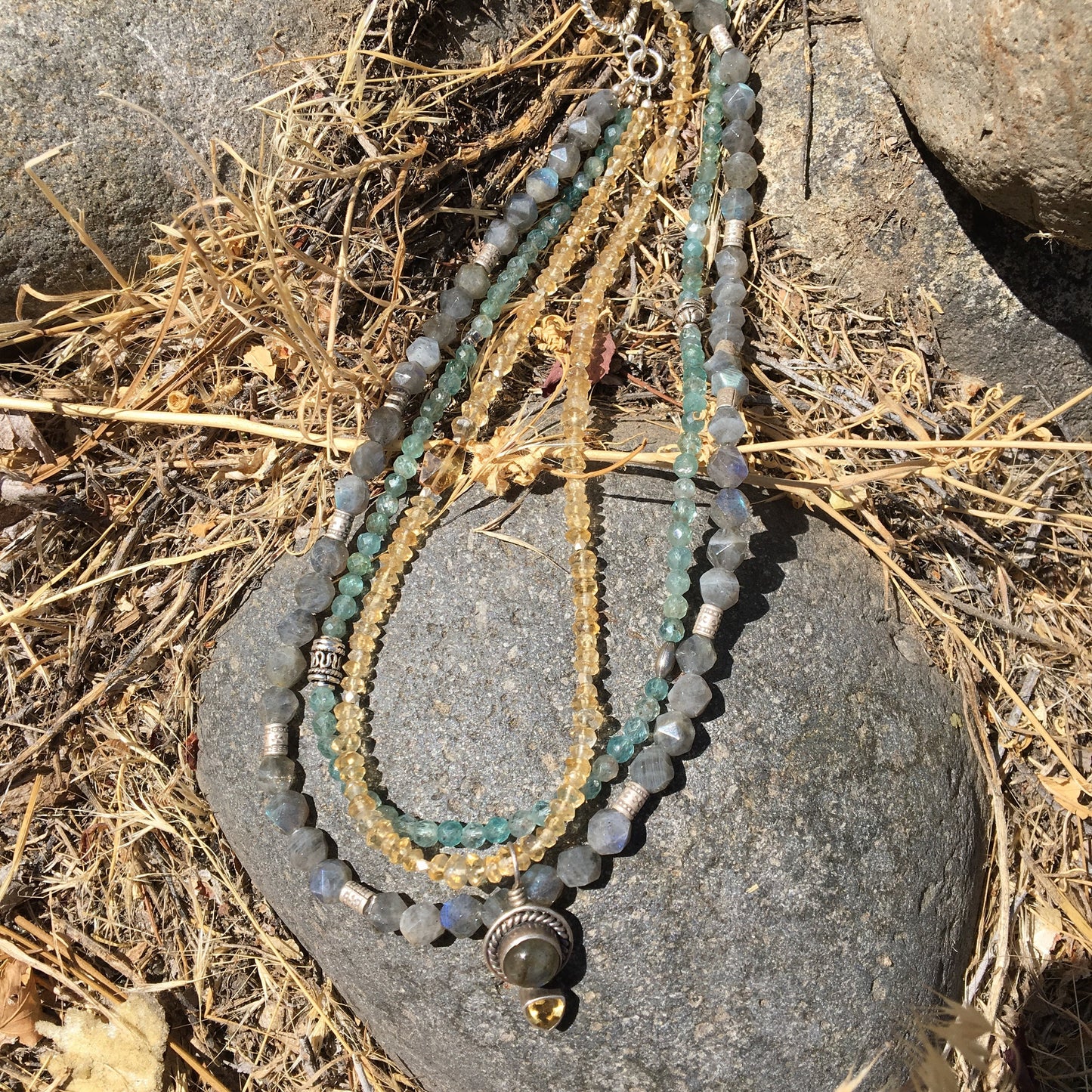 Multi-Strand necklace "Harvest Sky" Labradorite pendant, Citrine, Apatite, Hill Tribe Silver beads, Fall Line, Reiki charged, Boho Style