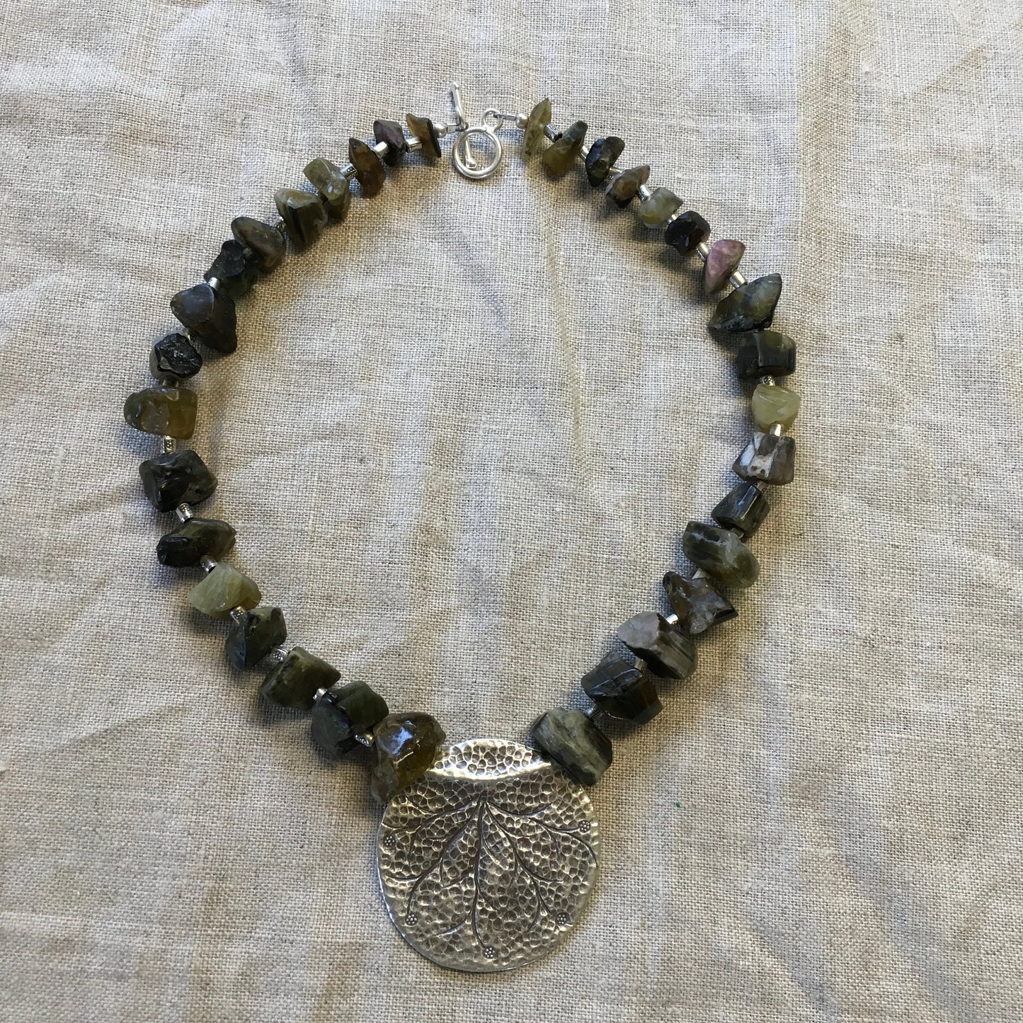 necklace "Lily Pad" rough Green Tourmaline, Hill Tribe Silver pendant, Hill Tribe Silver beads, Gender Neutral, Reiki charged, Heart Chakra