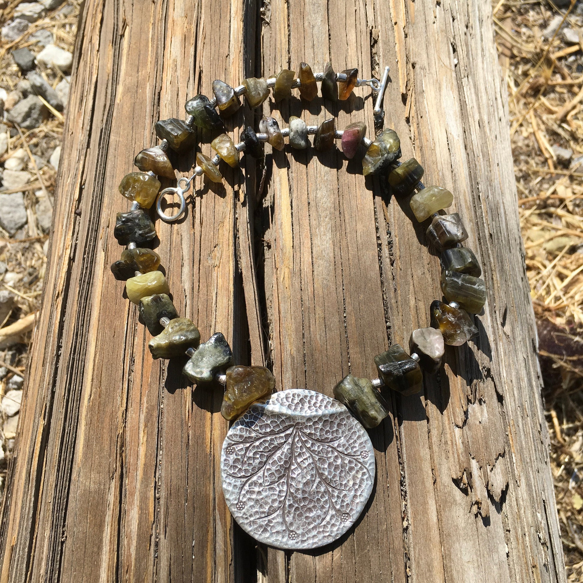 necklace "Lily Pad" rough Green Tourmaline, Hill Tribe Silver pendant, Hill Tribe Silver beads, Gender Neutral, Reiki charged, Heart Chakra