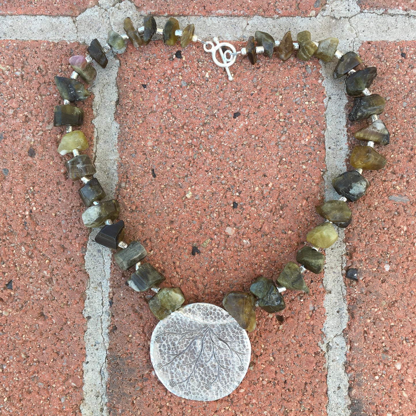 necklace "Lily Pad" rough Green Tourmaline, Hill Tribe Silver pendant, Hill Tribe Silver beads, Gender Neutral, Reiki charged, Heart Chakra