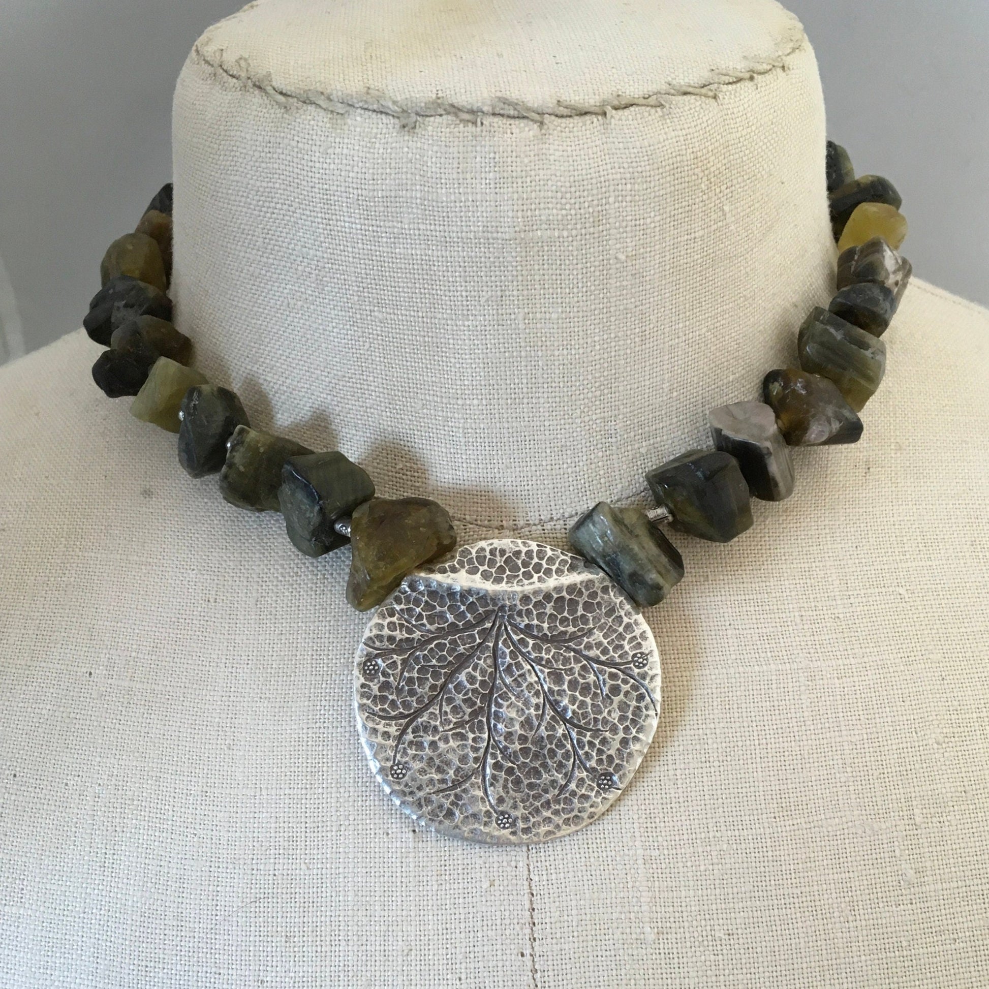 necklace "Lily Pad" rough Green Tourmaline, Hill Tribe Silver pendant, Hill Tribe Silver beads, Gender Neutral, Reiki charged, Heart Chakra