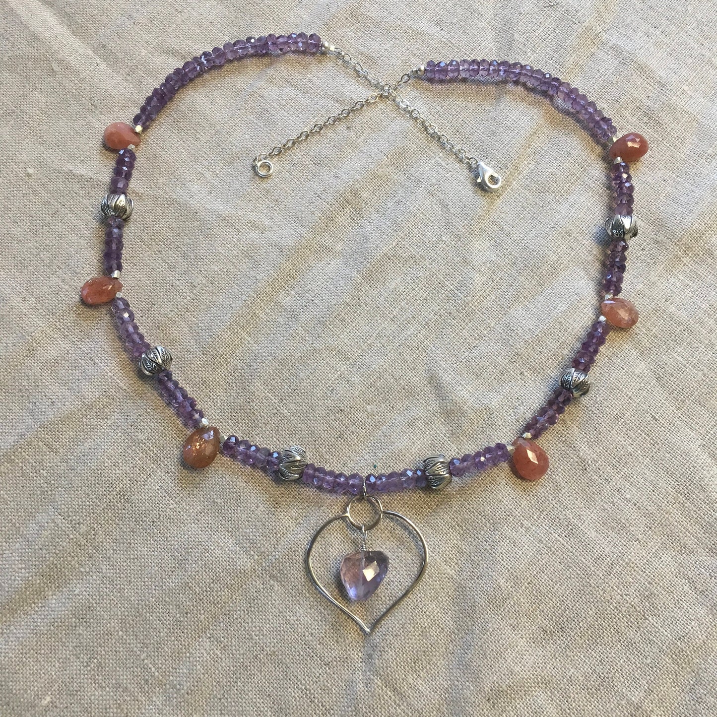 necklace "Healing Petal" Lotus Petal with Amethyst pendant, Amethyst, Sunstone, Chiang Mai beads Hill Tribe Silver, Fall Line, Reiki charged