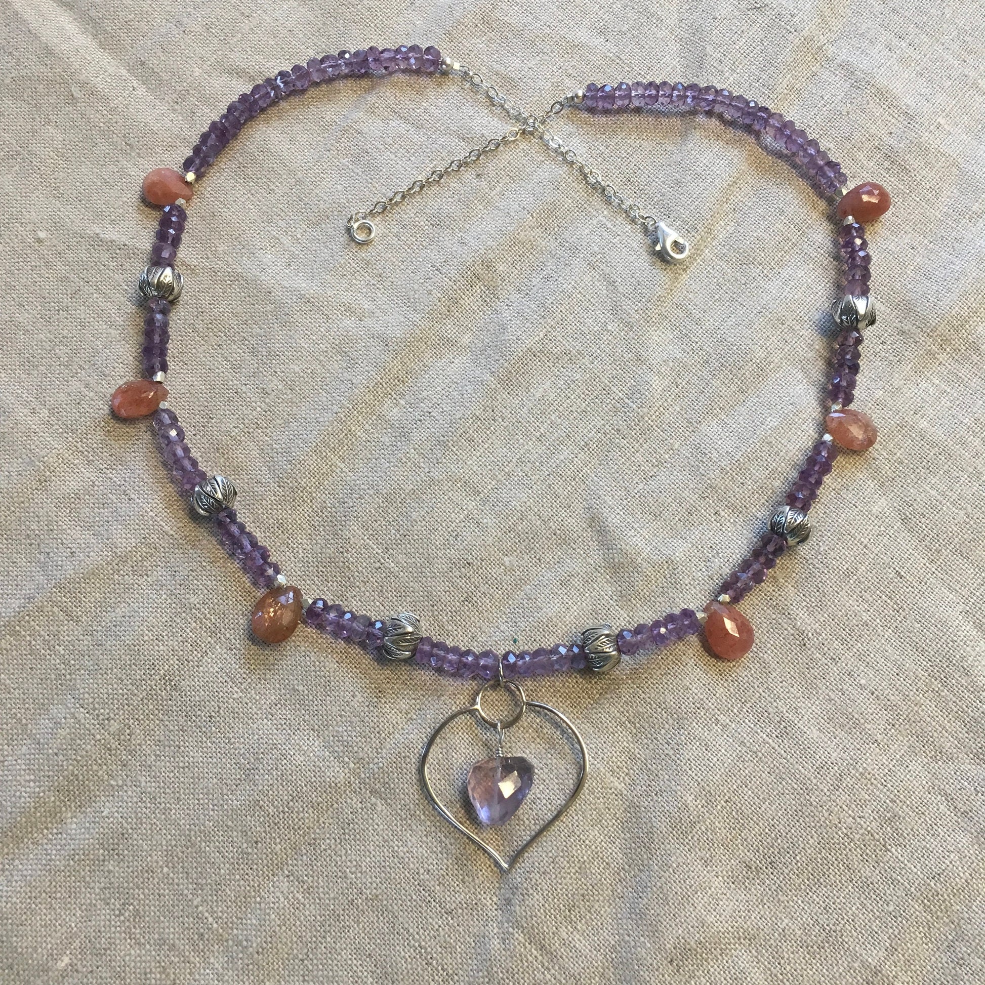 necklace "Healing Petal" Lotus Petal with Amethyst pendant, Amethyst, Sunstone, Chiang Mai beads Hill Tribe Silver, Fall Line, Reiki charged