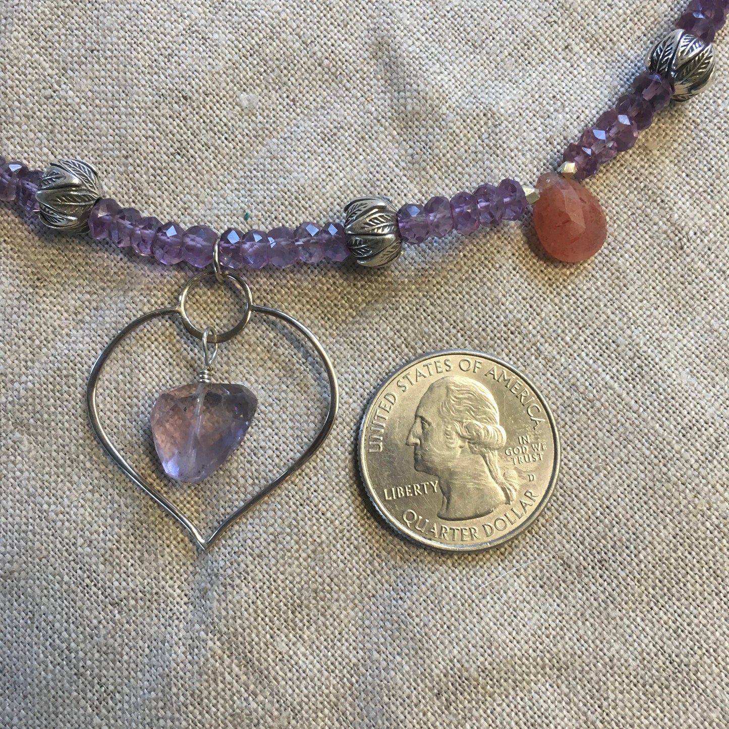 necklace "Healing Petal" Lotus Petal with Amethyst pendant, Amethyst, Sunstone, Chiang Mai beads Hill Tribe Silver, Fall Line, Reiki charged