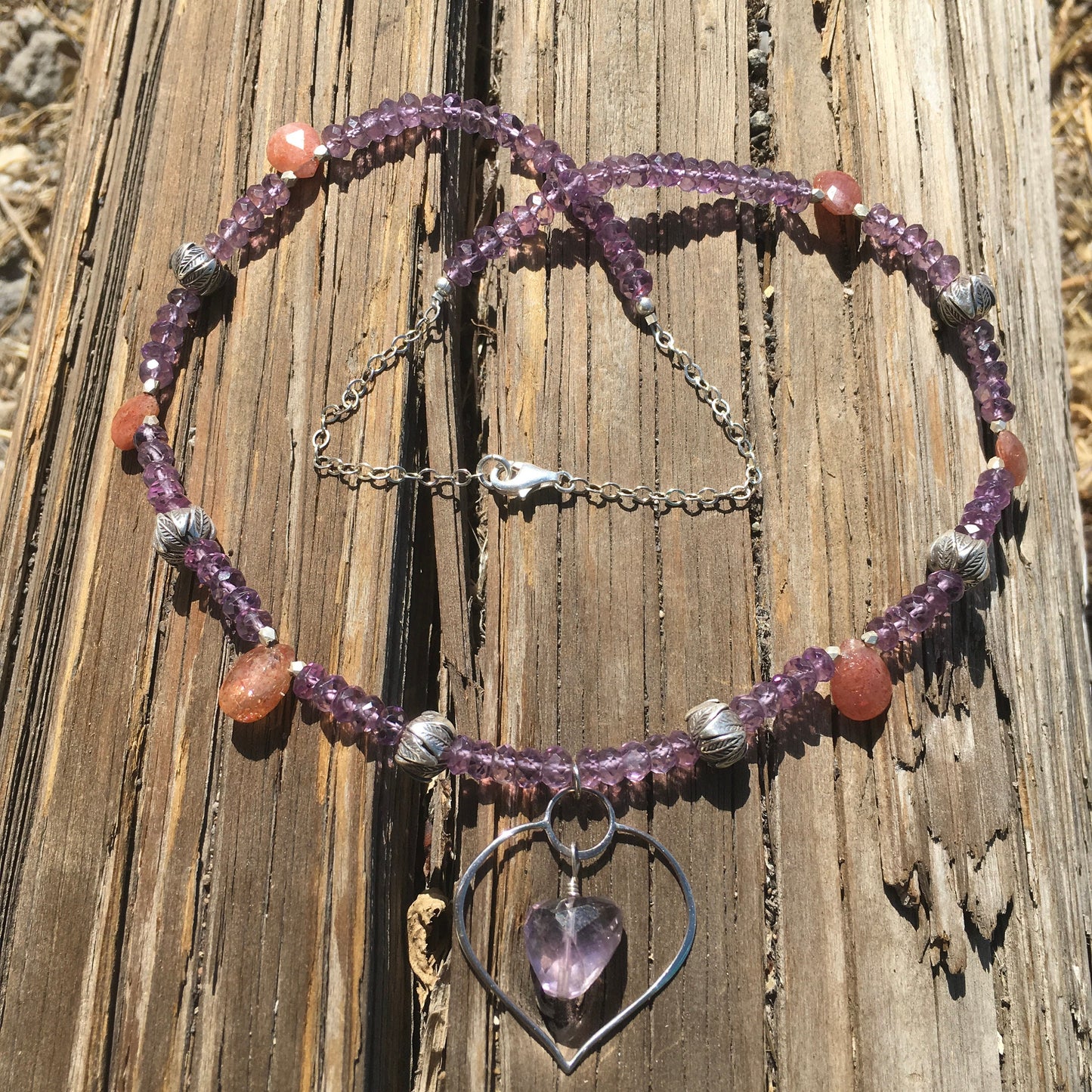 necklace "Healing Petal" Lotus Petal with Amethyst pendant, Amethyst, Sunstone, Chiang Mai beads Hill Tribe Silver, Fall Line, Reiki charged