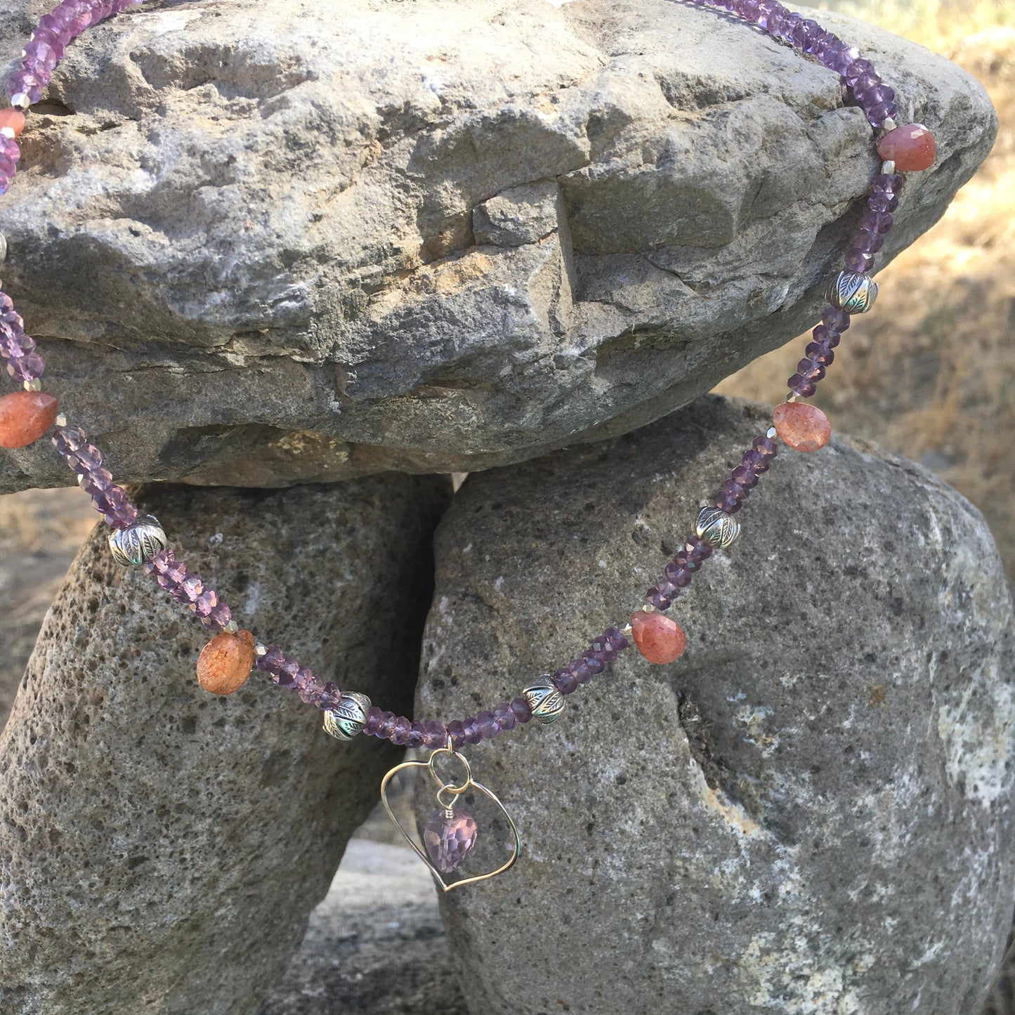 necklace "Healing Petal" Lotus Petal with Amethyst pendant, Amethyst, Sunstone, Chiang Mai beads Hill Tribe Silver, Fall Line, Reiki charged